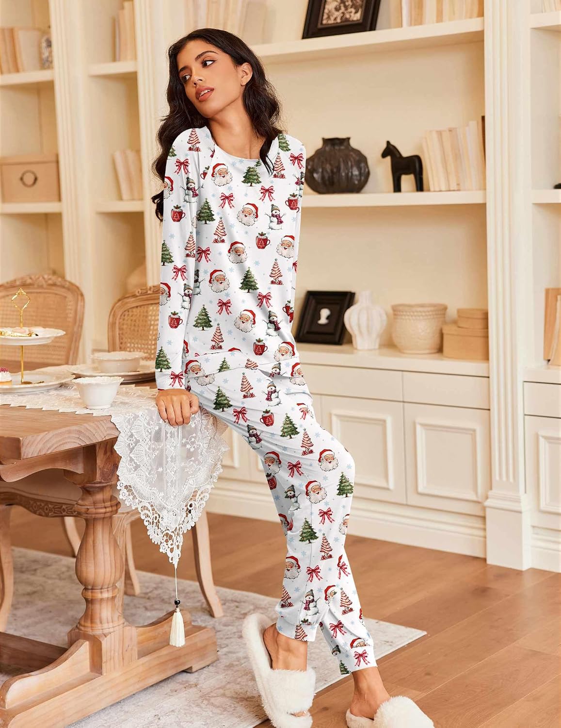 Detalle de Ekouaer EKY008387 Women's Long-Sleeve Pajama Set with Jogger Pants and Pockets