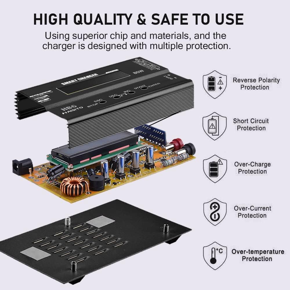 Detalle de Haisito Lipo Ladegerät 80W 6A Balancer für LiPo/Li-Ion/LiFe (1–6S) sowie NiMH/NiCd (1–15S) mit LED-Bildschirm