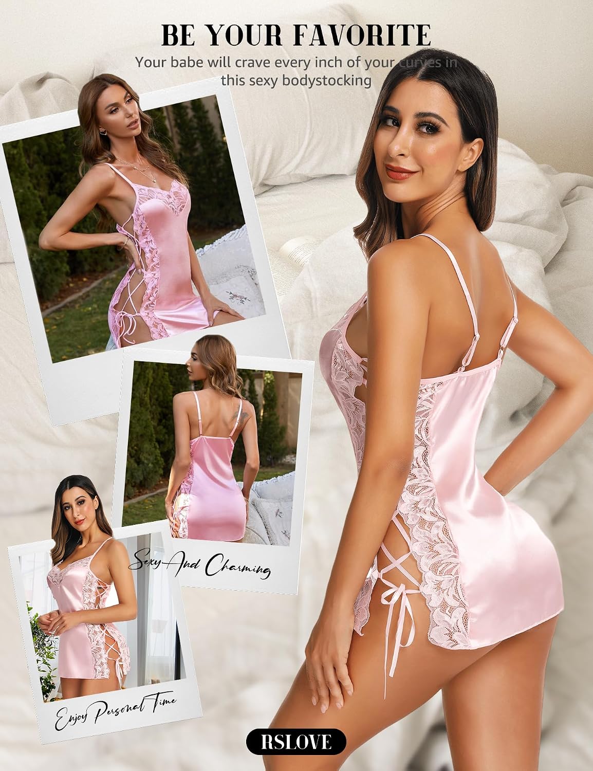 Detalle 2 de RSLOVE babydoll voor vrouwen van satijn, sensuele lingerie