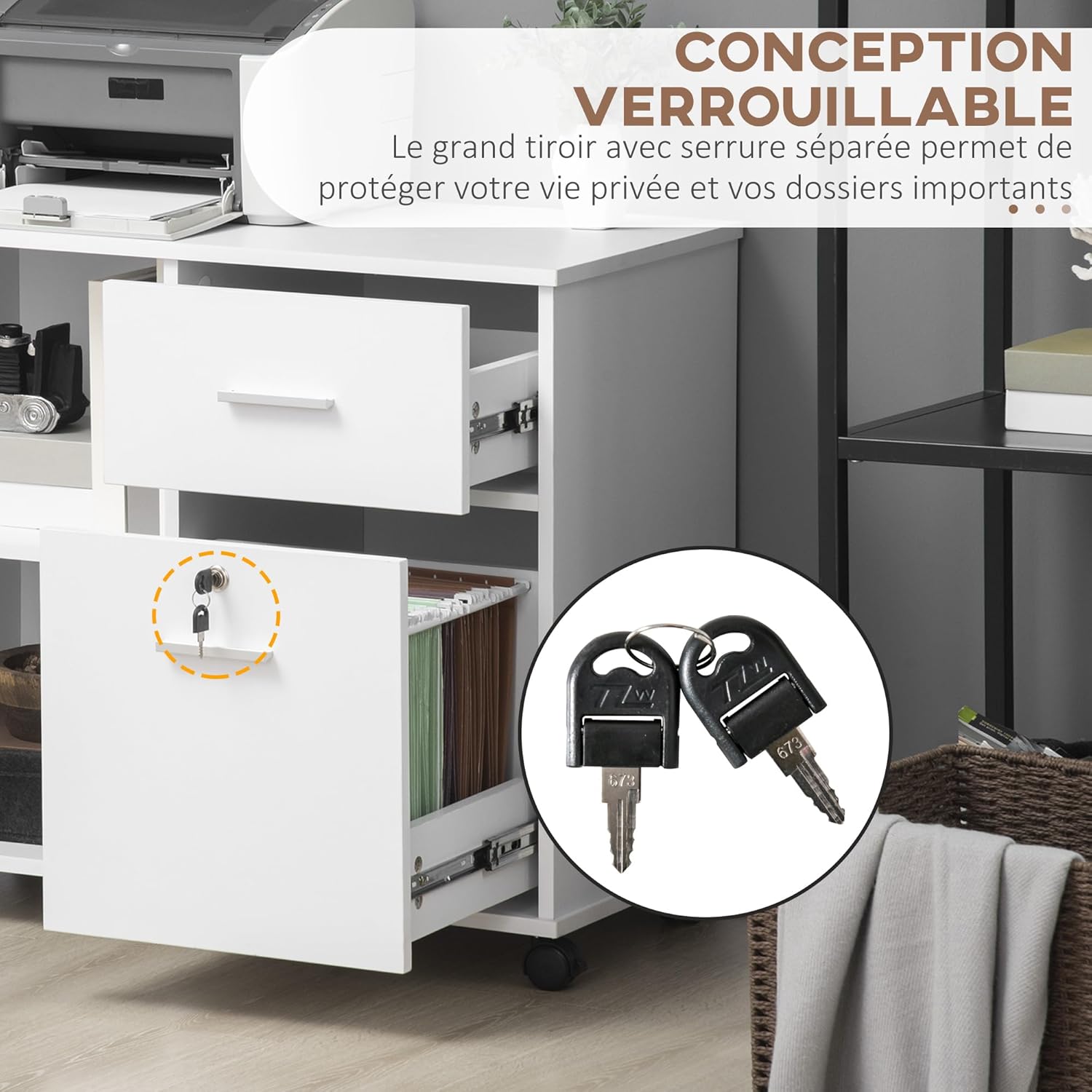 Detalle de Vinsetto Caisson de Bureau verrouillable avec 2 tiroirs et support d’imprimante – Blanc bois 86,3 x 40 x 66,5 cm