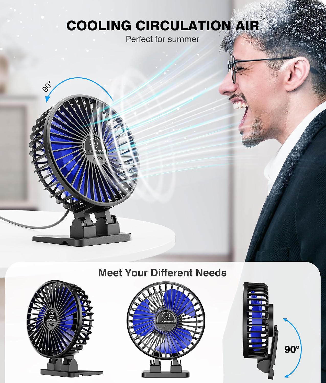 Detalle de JZCreater JZC-B01 USB Desk Fan, 3 Speeds, Compact Black Blue