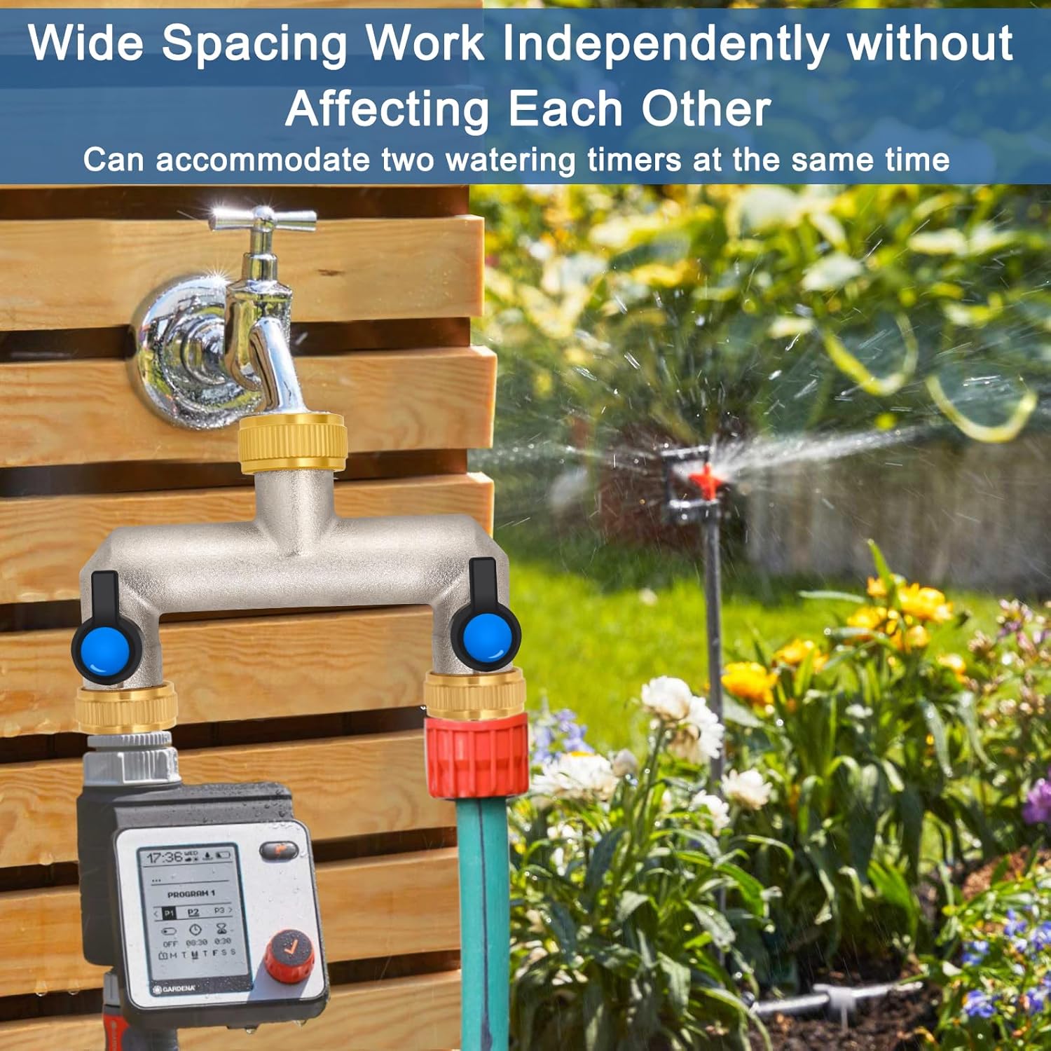 Thumbnail 1 de OPERMAXER 2-Wege Wasserhahn Wasserverteiler aus Messing für 2 Geräte/Gartenschläuche (3/4" auf 1/2" Adapter, Kugelhähne)