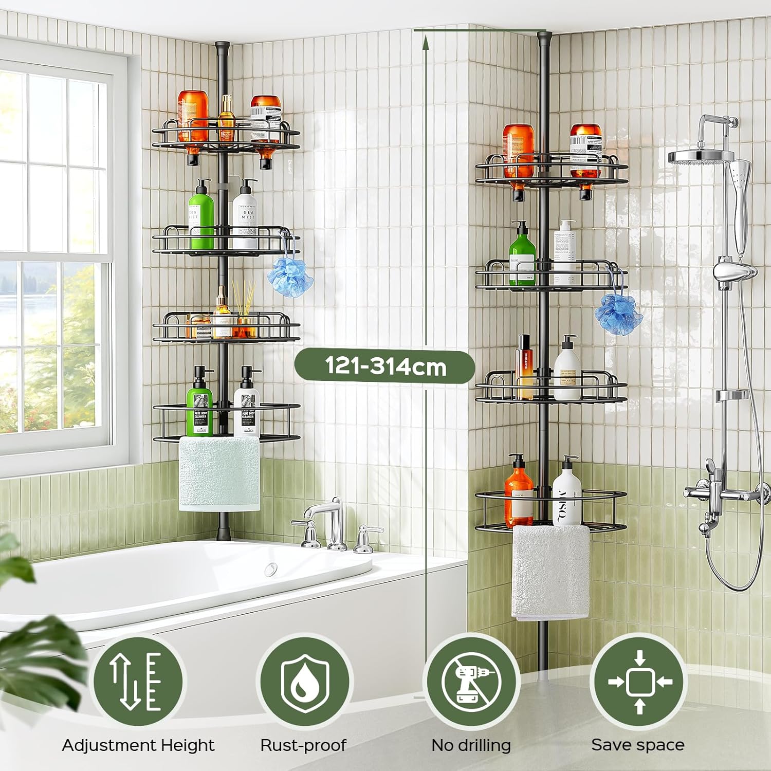 Thumbnail 6 de HAMITOR Telescopic Shower Caddy Corner Storage: No-Drill Stainless Steel 4-Tier Organizer