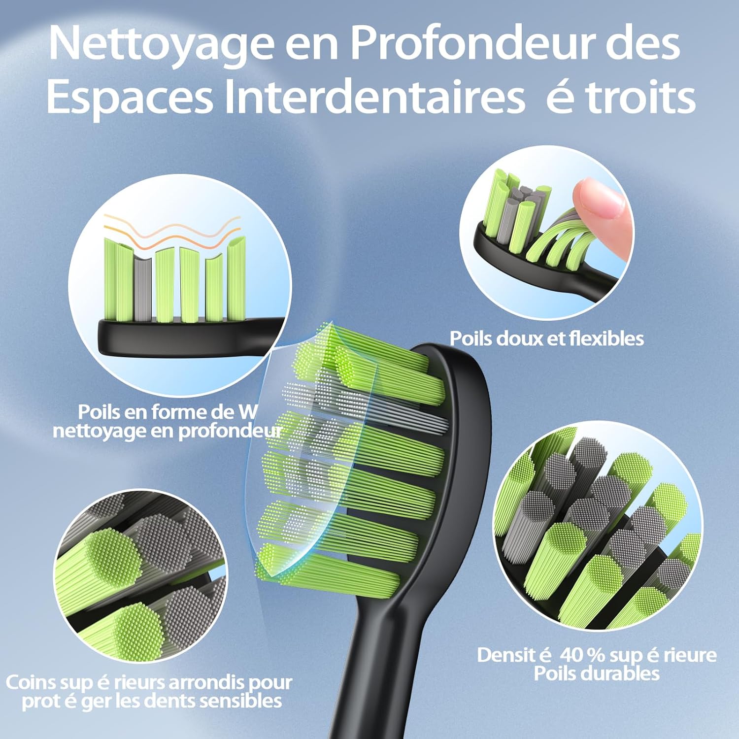 Detalle de OasiSmile Brosse à Dents Électrique Soniques pour Adultes — 5 modes, autonomie 100 jours, 6 têtes incluses