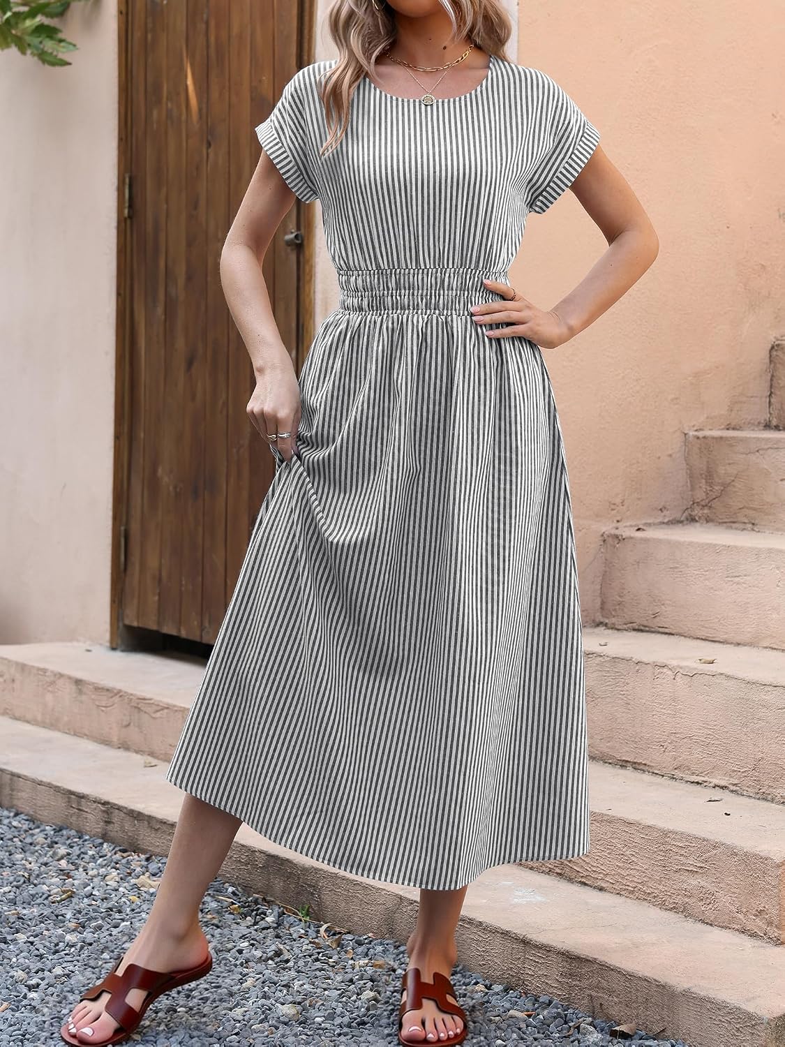Detalle de ANRABESS Women's Summer Midi Dress with Stripes and Pockets