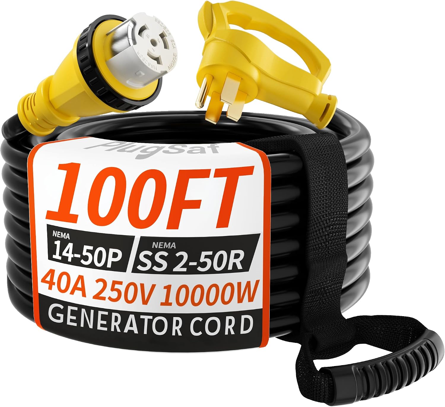 PlugSaf 40 Amp Generator Cord (100 ft) – 40A RV Extension Cord with Twist Lock, NEMA 14-50P / SS2-50R, Heavy Duty STW