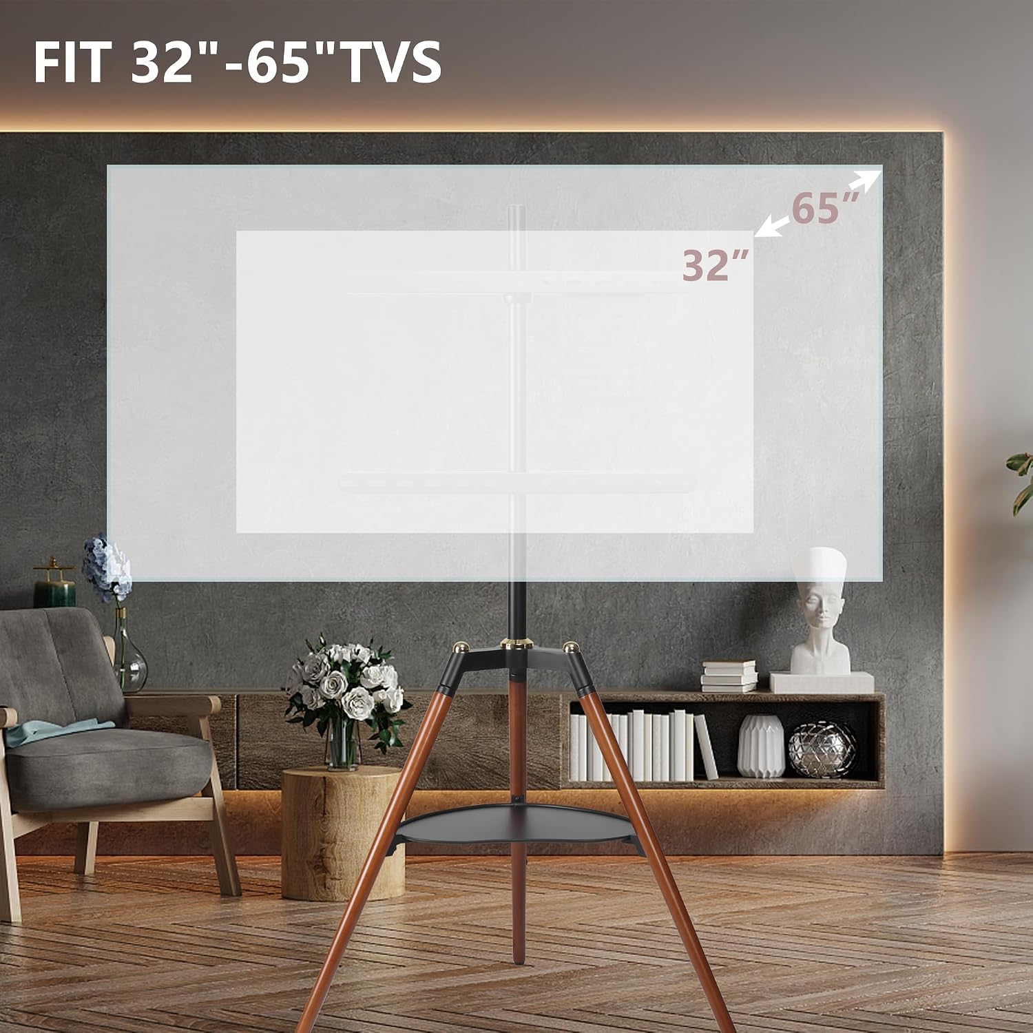 Thumbnail 6 de ETHU Tripod TV-Ständer aus Holz mit Schwenkfunktion und Medienablage (VESA bis 600×400 mm) für 32–65 Zoll