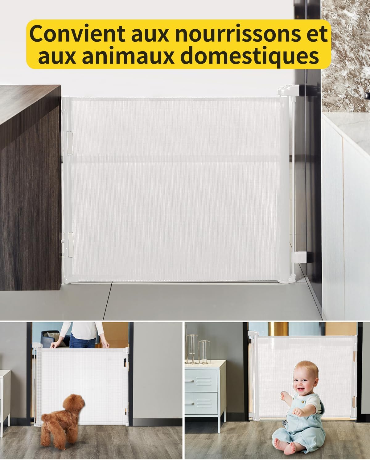 Thumbnail 5 de dearlomum Barrière de sécurité rétractable extensible 0–180 cm pour bébé et chiens (blanc)