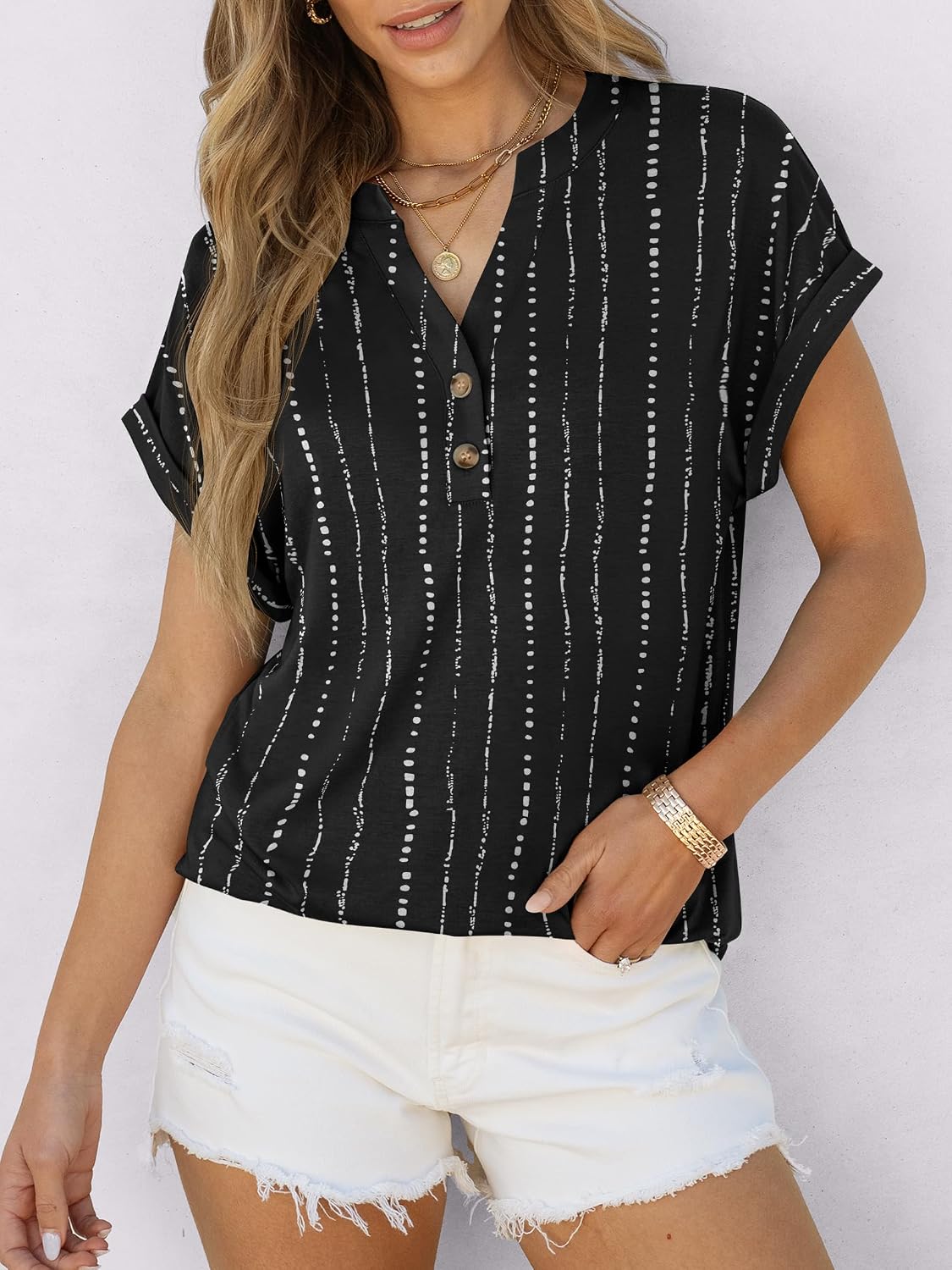 Detalle de ANRABESS Women's Short Sleeve Henley V-Neck Dressy Casual Blouses