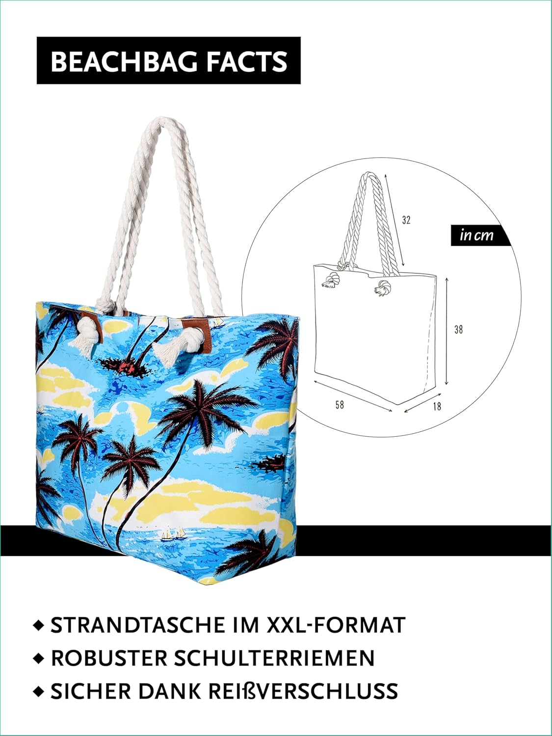 Thumbnail 1 de DonDon Strandtasche XXL mit Reißverschluss – große Beachbag als Shopper & Umhängetasche