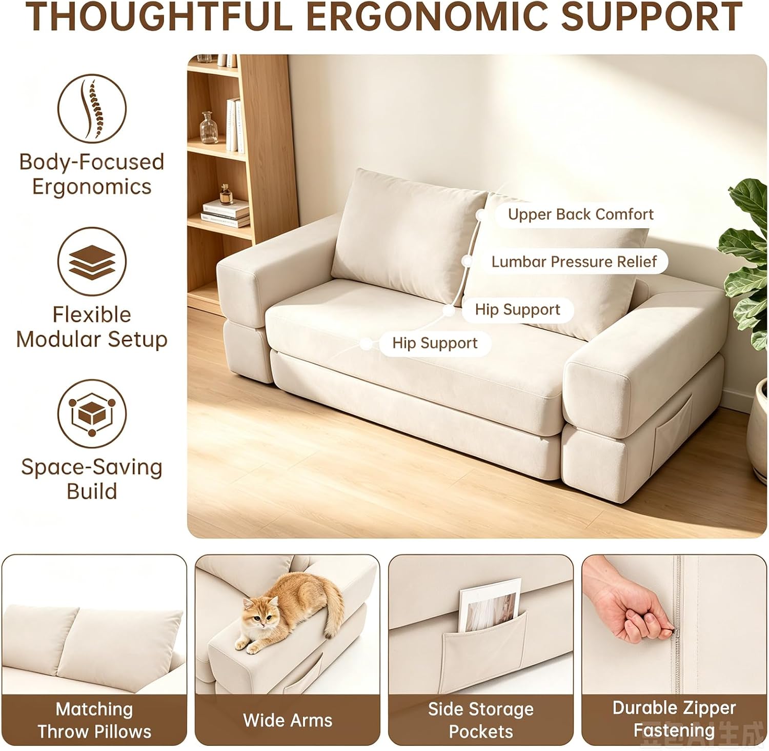 Detalle de Dailyhome DHSOFA-0239-BEIGE-NEW-CA Convertible Corduroy Sofa Bed, Beige