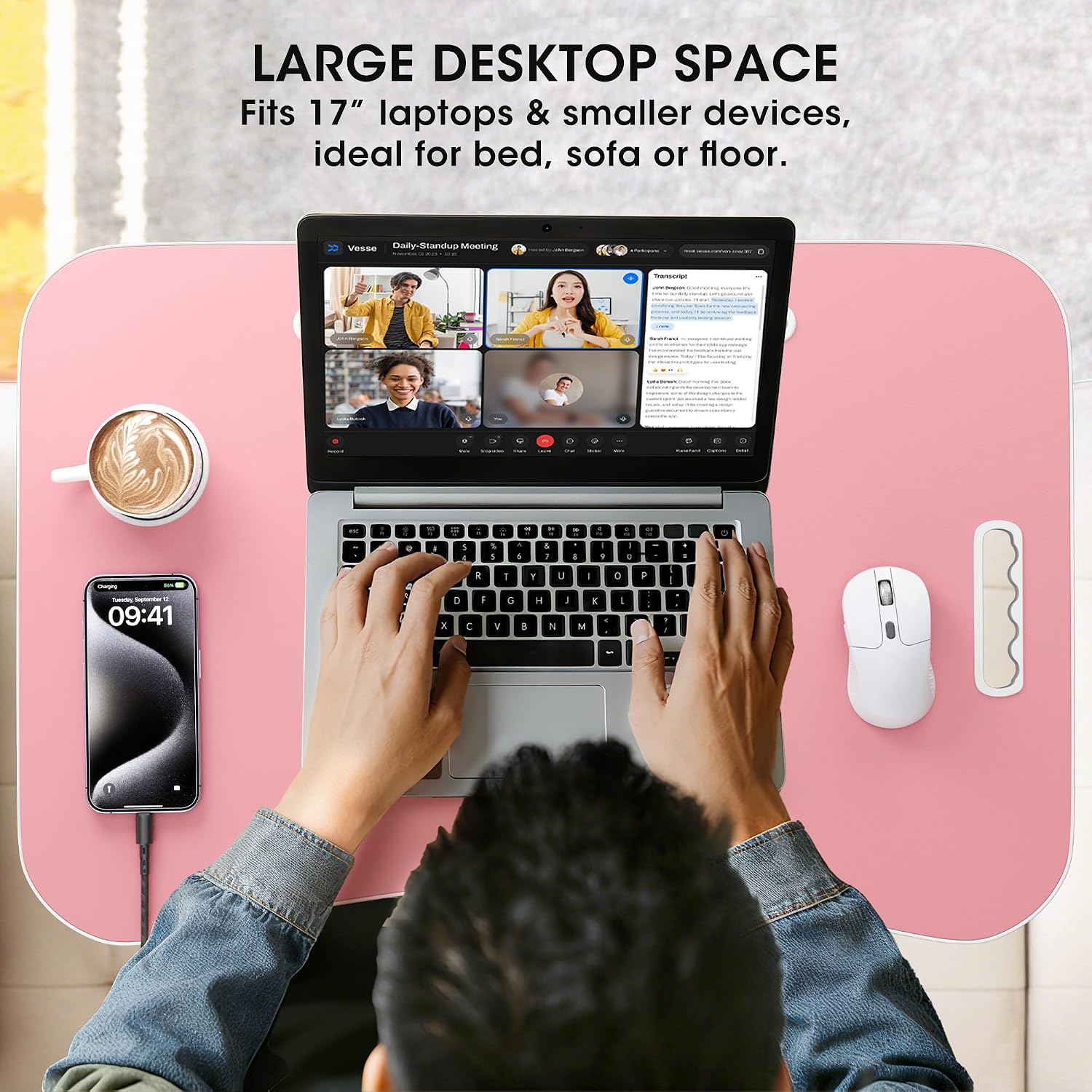 Detalle de Frpufi LD002 Folding Lap Desk, 23.6-Inch Wood Bed Table with Cup Holder, Pink