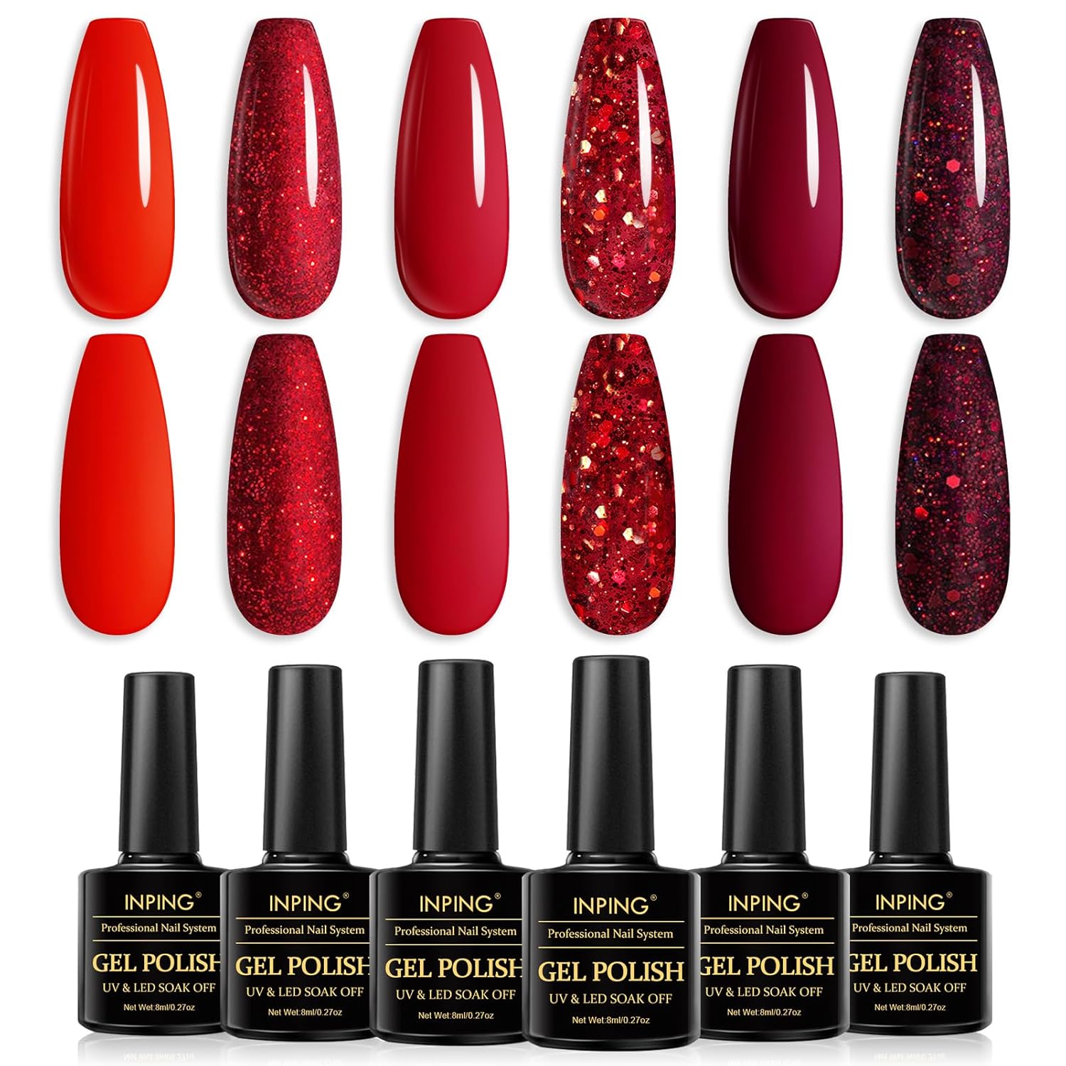 Detalle de INPING UV Nagellack Rot – 6 Farben Dunkelrot bis Burgund, Gel Nagellack Set 8 ml für Anfänger