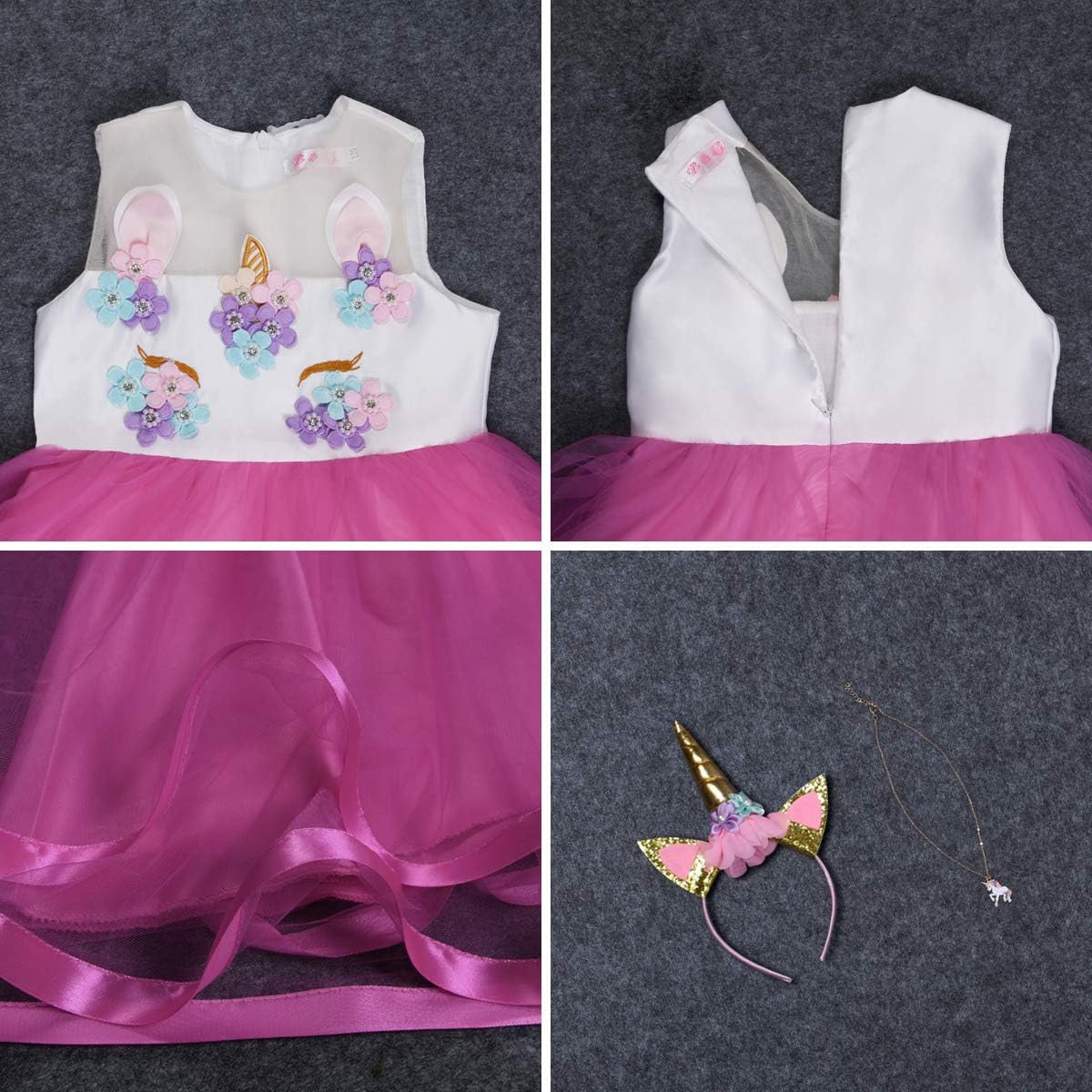 Detalle de URAQT Vestito da principessa per bambina con collana e fascia – unicorno e arcobaleno, per cosplay e feste