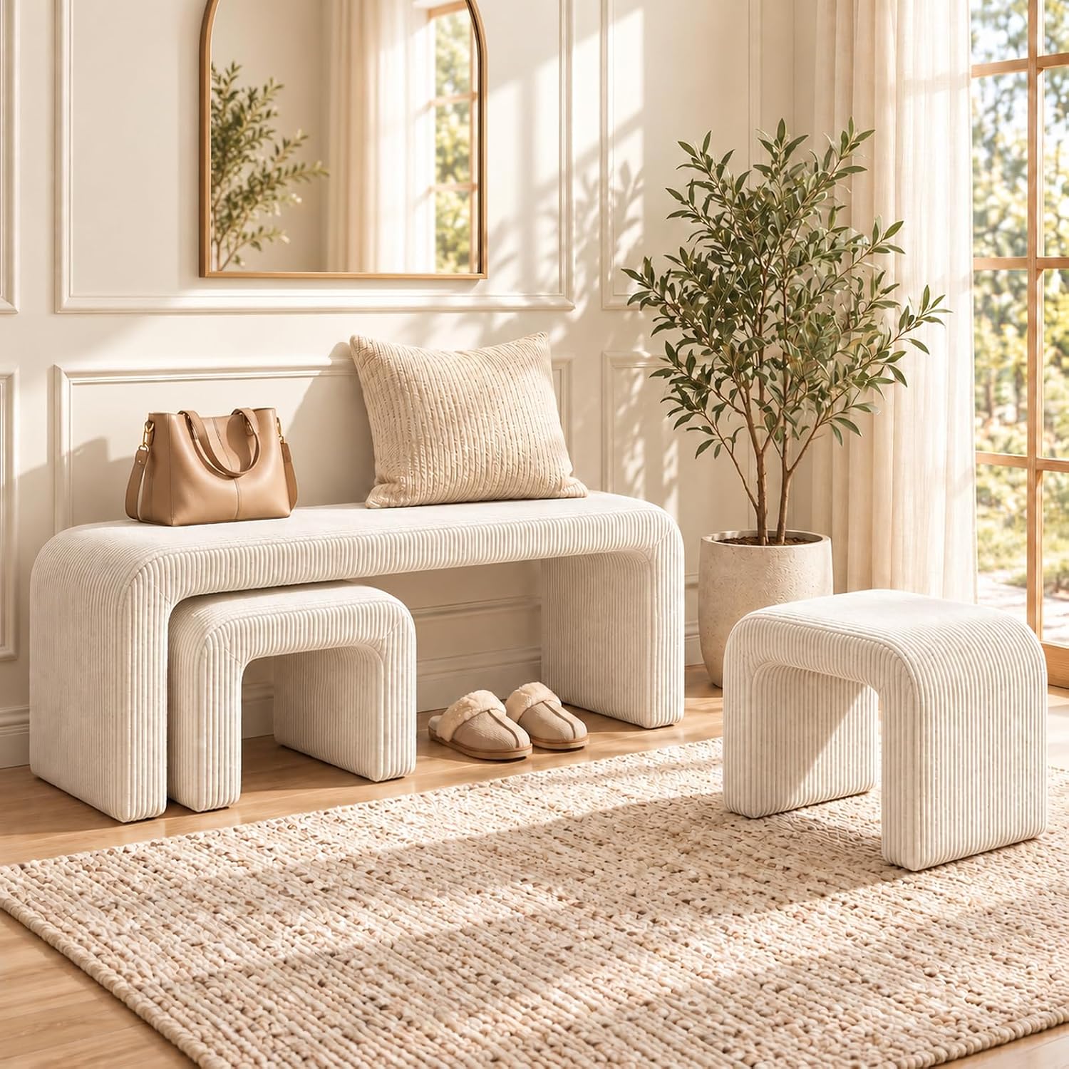Detalle de Clevich SF18219 sittbänk med två pallar, beige klädsel och trästomme