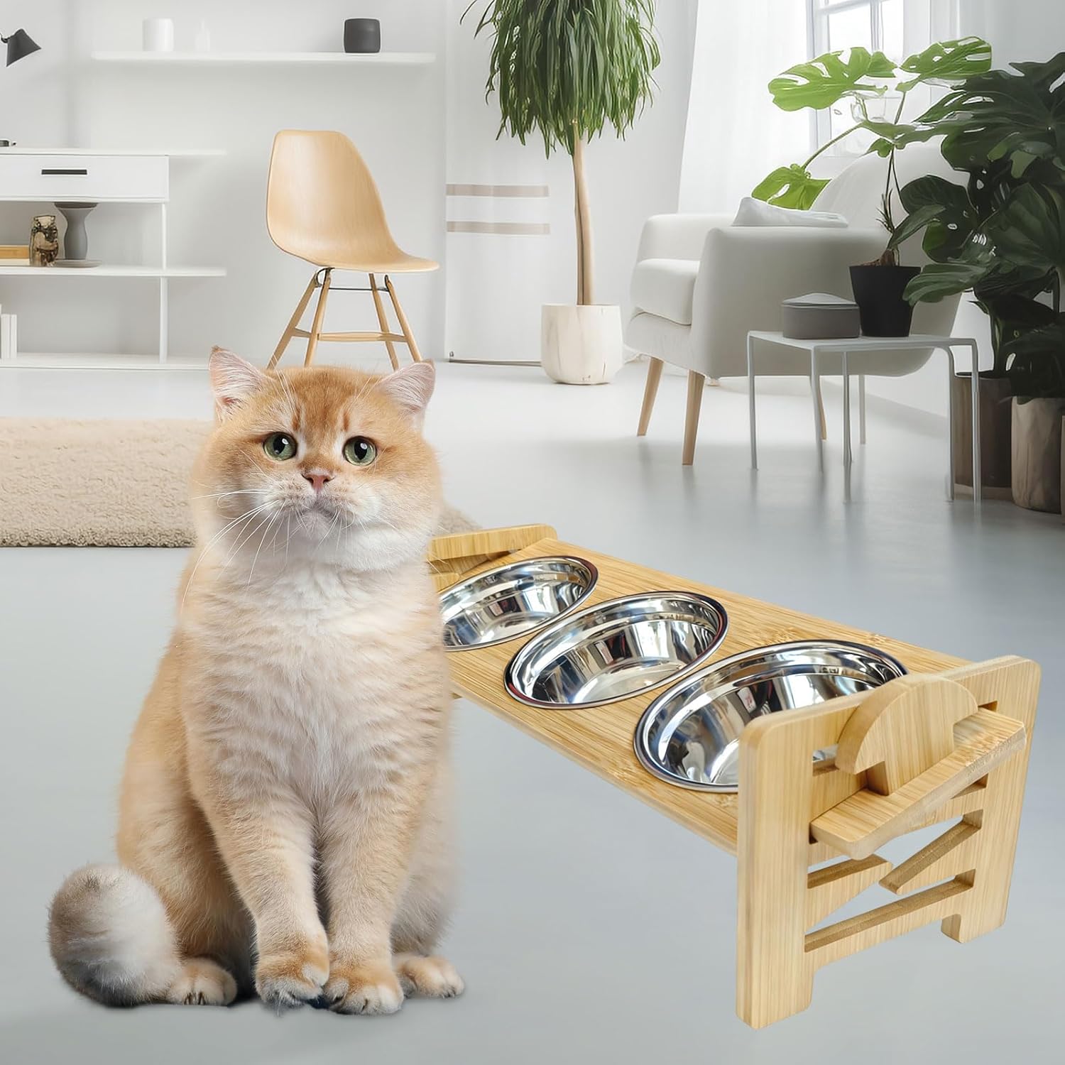 Thumbnail 6 de Tilted Elevated Cat Bowls with Stand - Bamboo & Stainless Steel Feeding Station