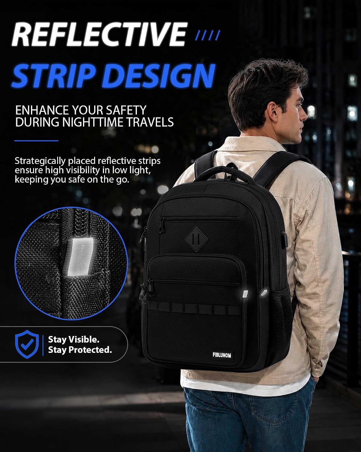 Detalle de FIBLUNOM 15.6-Inch Laptop Backpack with Reinforced Straps and 7 Zippered Pockets