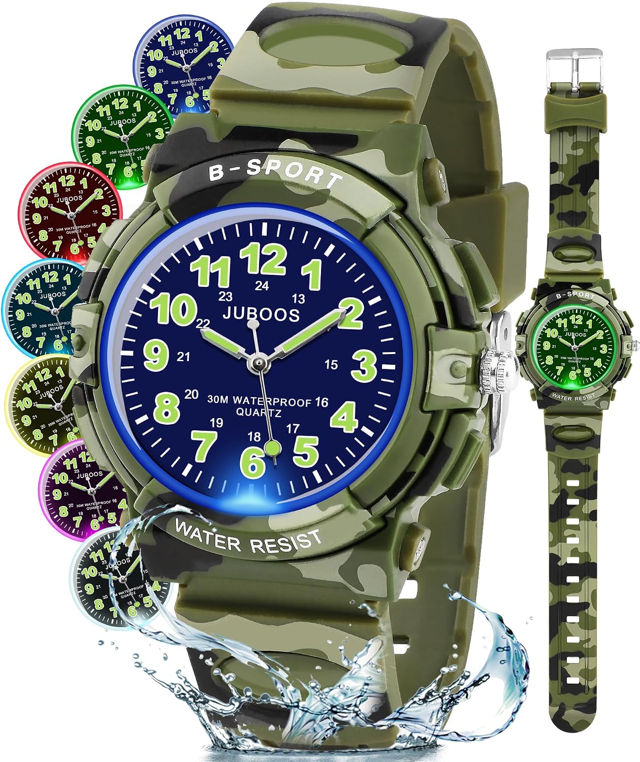 Detalle 2 de Juboos Montre analogique pour Enfants avec 7 veilleuses et bracelet souple – Quartz, étanche 30M, Rose