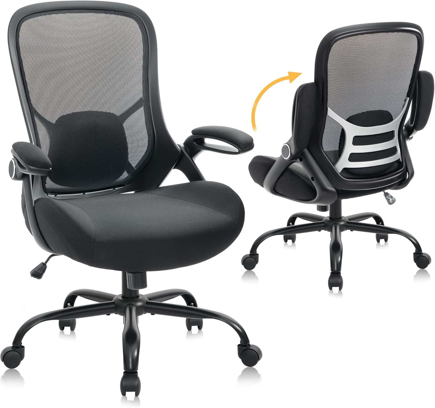 HYLONE Big and Tall 400lbs Heavy Duty Office Chair (Black) — 5" Thickened Mesh Seat, Adjustable Armrests