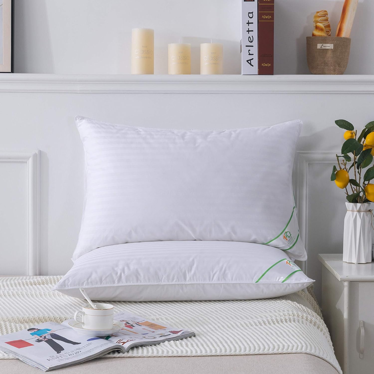 Detalle 2 de SUFUEE Luxury Goose Feather & Down Pillow Pair with 100% Cotton Cover (Standard)