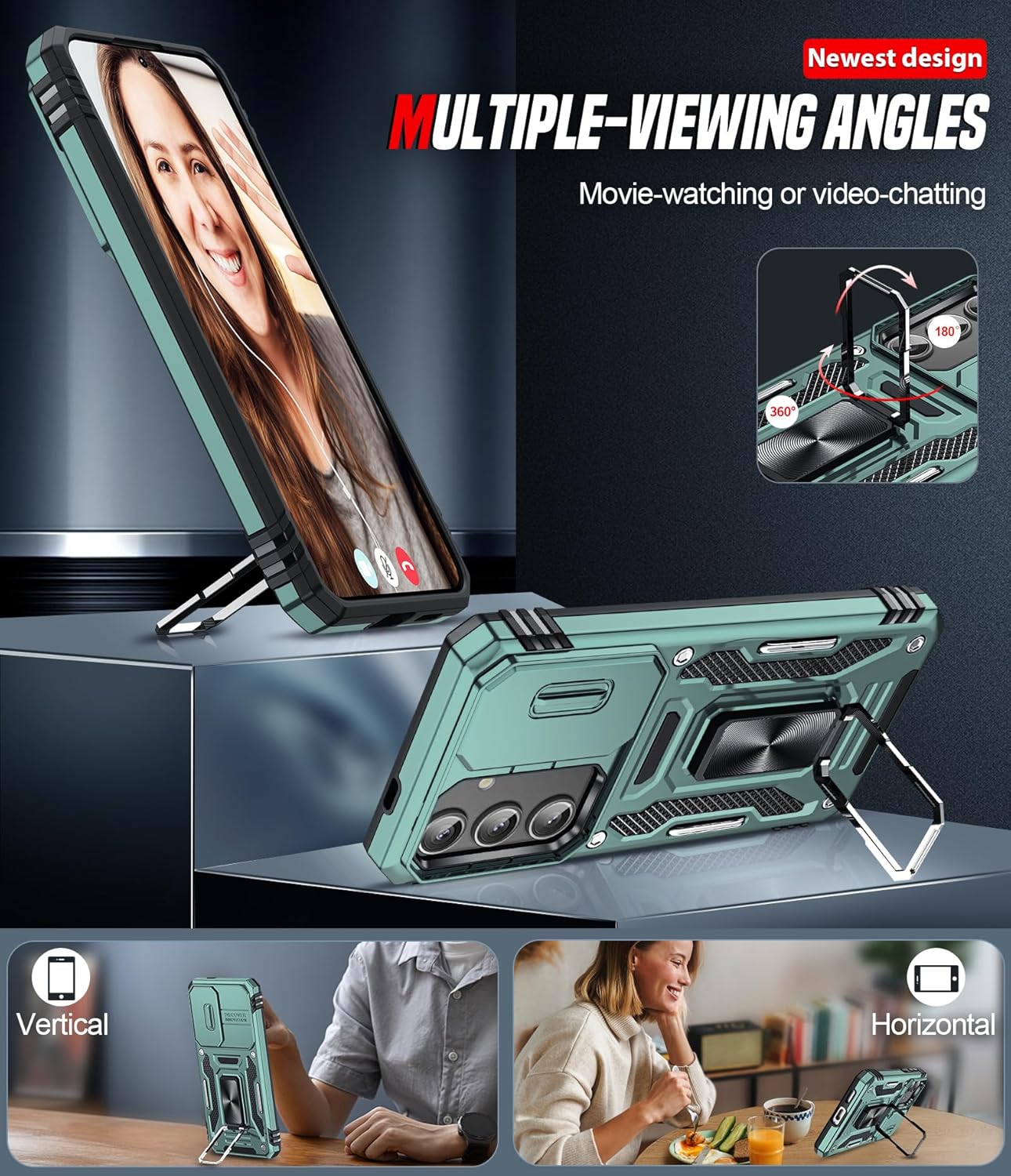 Thumbnail 4 de LeYi Galaxy S25 phone case with sliding camera lens cover and ring stand holder (light green)