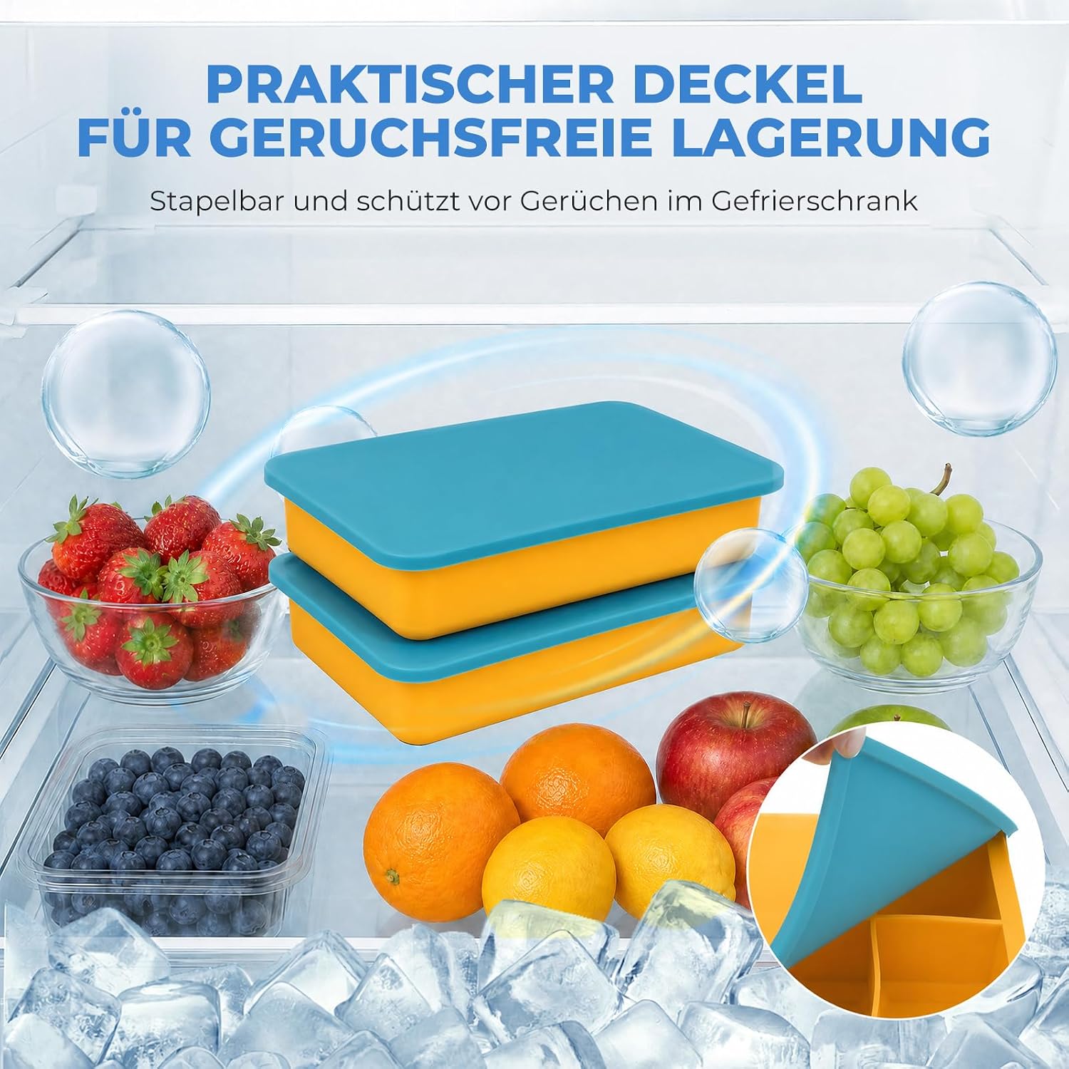 Detalle de Muenfly 2er Silikon-Eiswürfelbehälter mit Deckel – 30 Würfel, 3x3 cm, BPA-frei