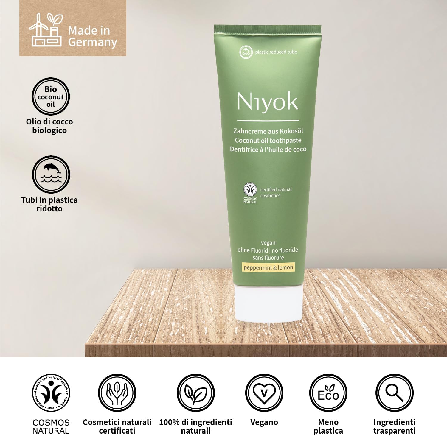 Detalle de Niyok Dentifricio al Bio Olio di Cocco Menta Piperita e Limone (75 ml) – Pulizia delicata, zero fluoro