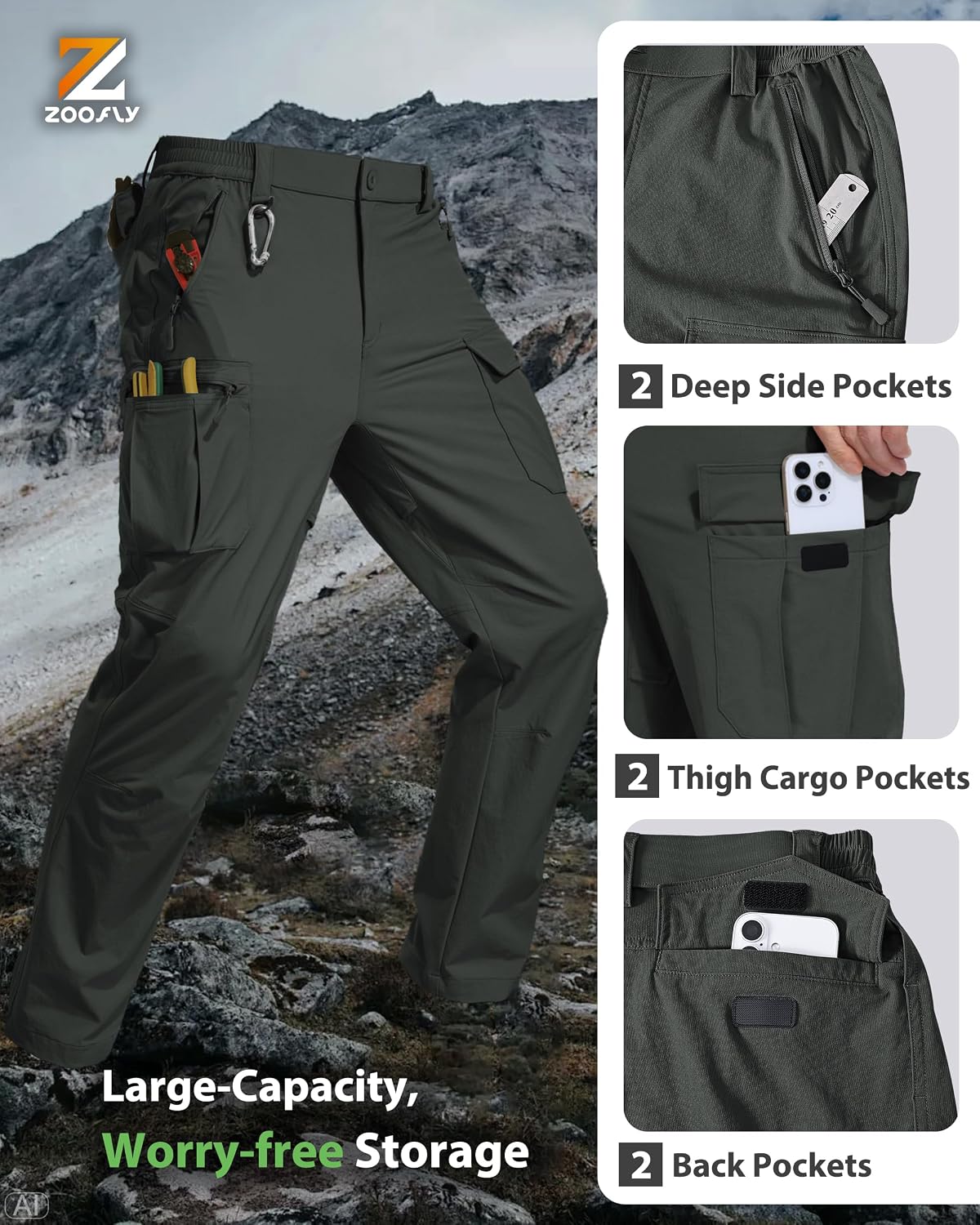 Detalle de Zoofly Men's Hiking Pants, Stretch Nylon Cargo Pants with 6 Pockets