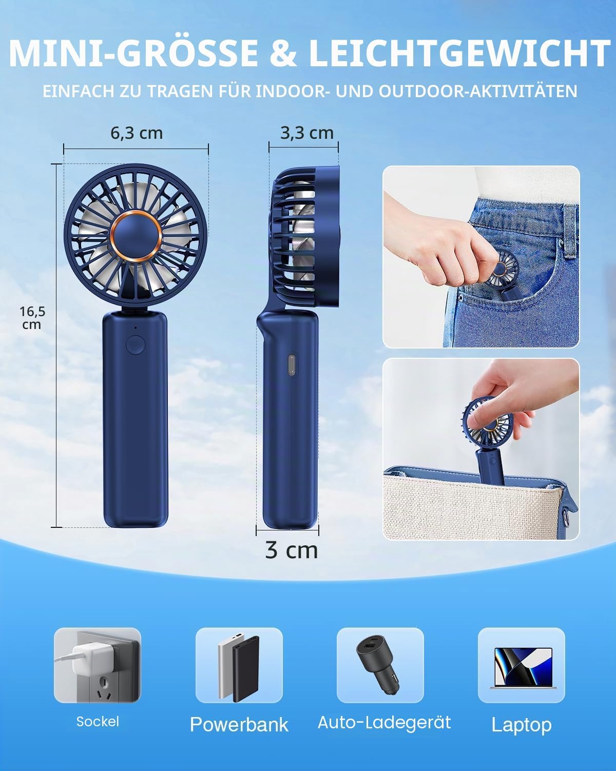 Thumbnail 4 de Hssio Tragbarer Handventilator – kompakter 2-in-1 Ventilator mit 180° Faltbarkeit und 3 Geschwindigkeiten