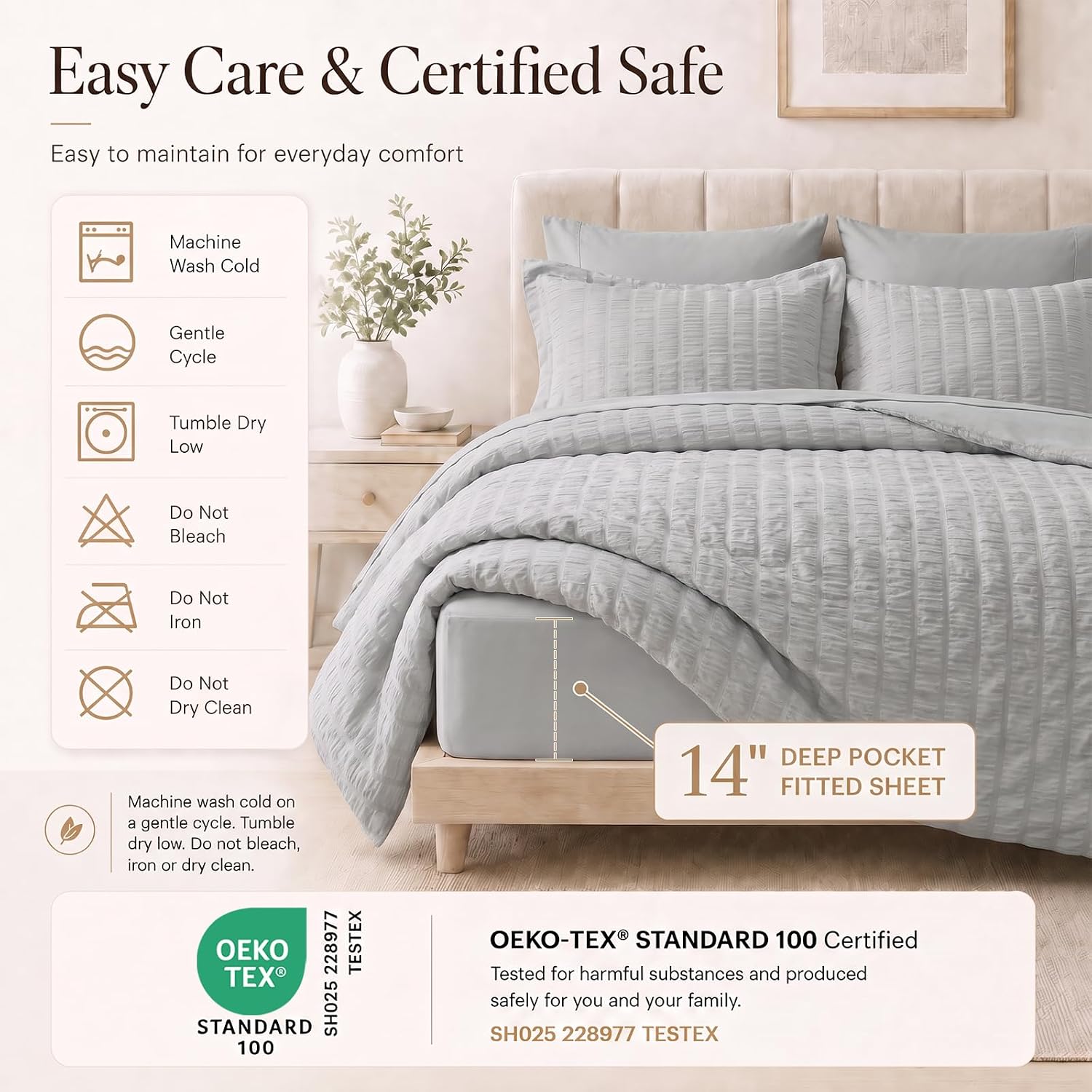 Detalle de CozyLux Queen Seersucker 7-Piece Bedding Set in Gray - Soft Microfiber & Wrinkle-Resistant Comfort