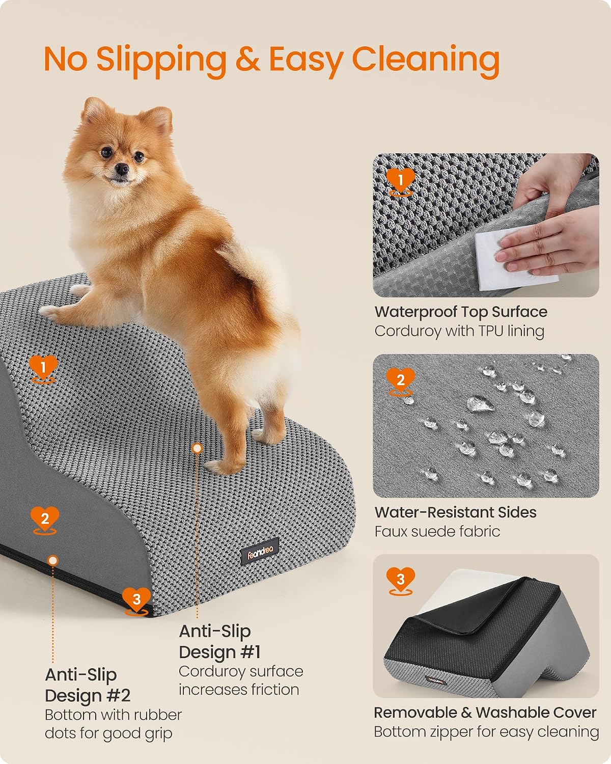 Detalle de Feandrea 2-Step Dog Stairs (Waffle-Pattern Corduroy) PPS012GD01 in Dove Grey