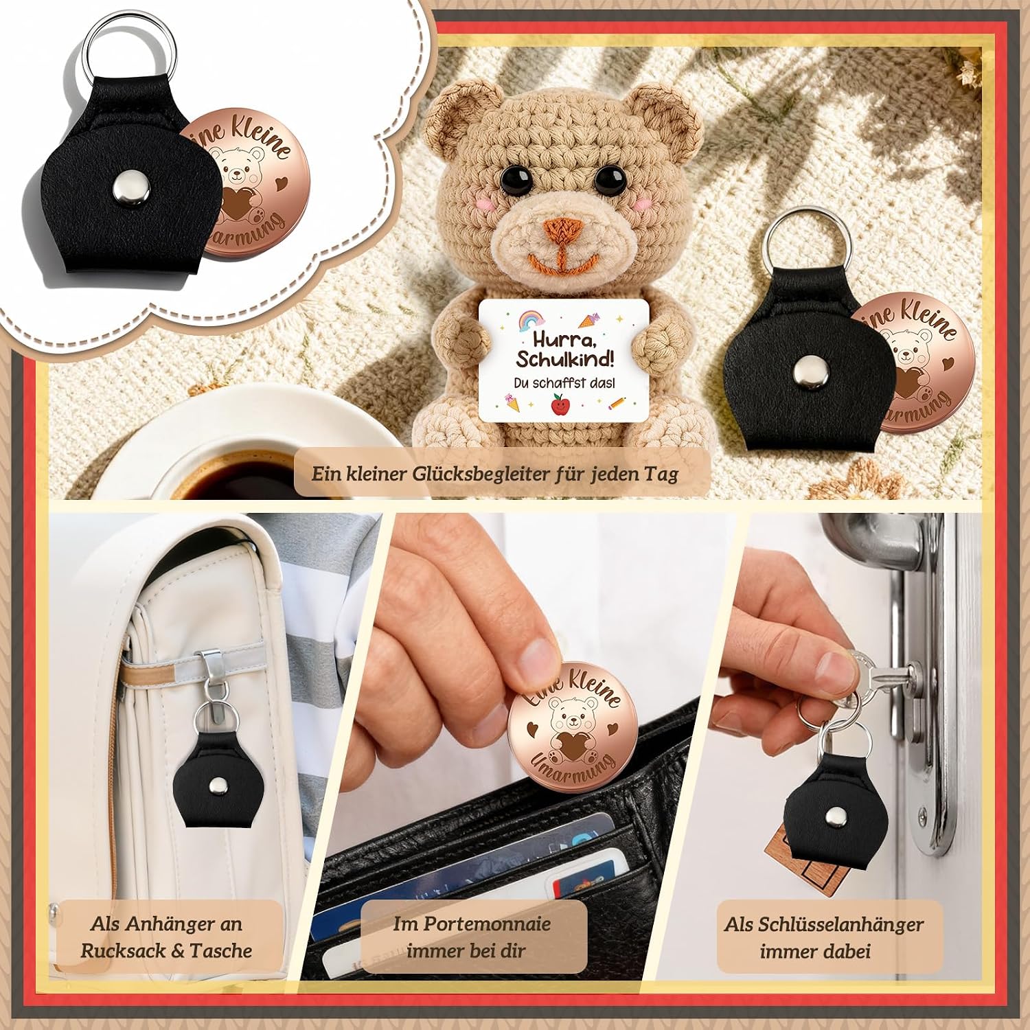 Detalle 2 de Giftota Einschulung Geschenk: Häkel-Bär mit Glücksbringer – Mutmacher für den Schulstart
