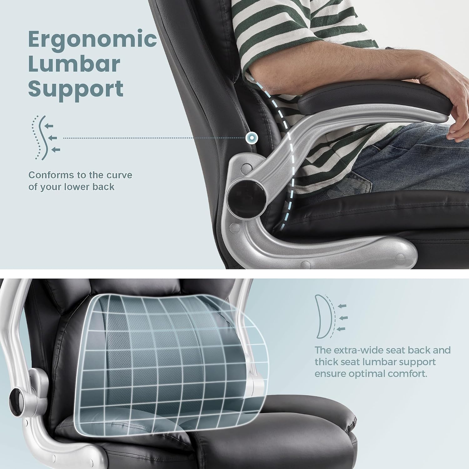 Detalle de IWMH Großer und hoher Bürostuhl 180KG – Ergonomischer Chefsessel mit klappbaren Armlehnen, höhenverstellbar und 360° Rollen