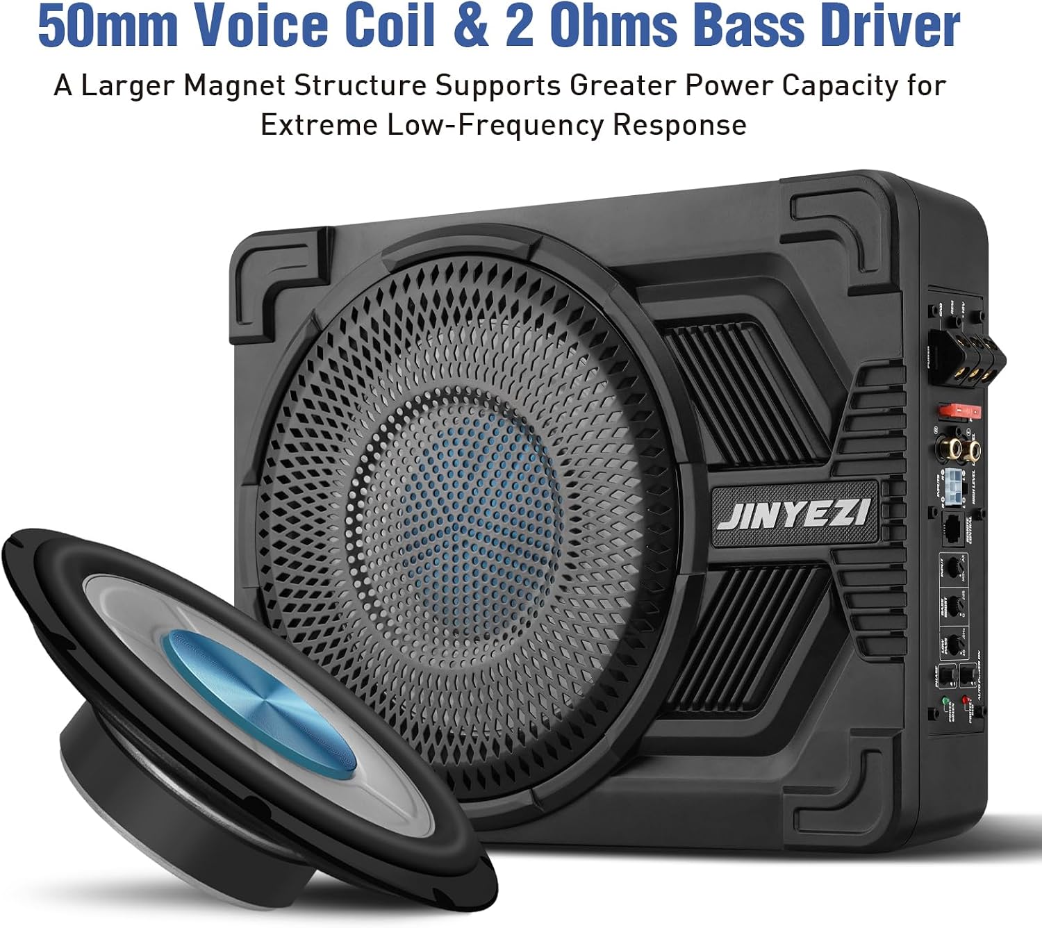 Detalle de JinYeZi 10" Under Seat Subwoofers with Amp – 1200W, Class D MOSFET, 2 Ohm, Independent Bass Controls