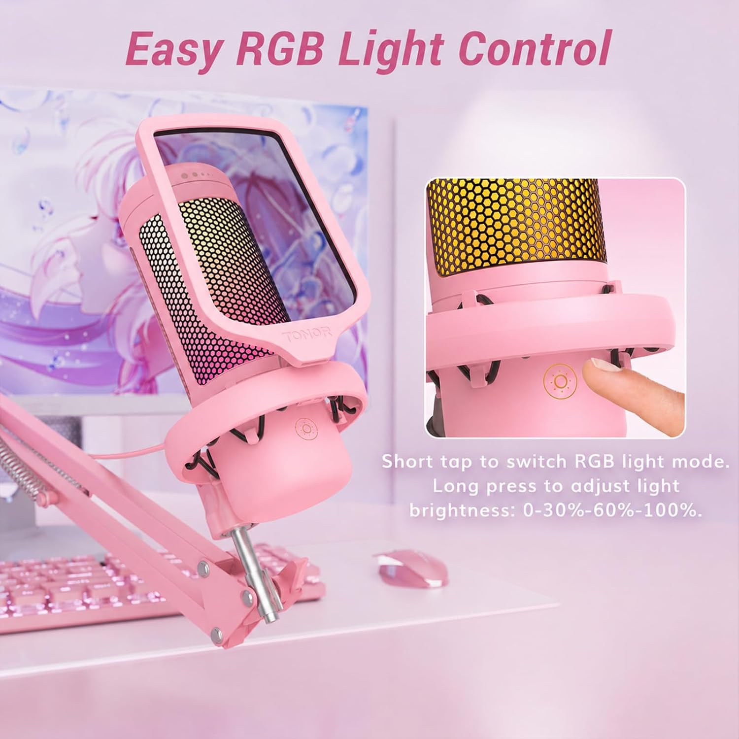 Detalle 2 de TONOR TC310+ Pink Gaming Condenser Microphone with RGB and Boom Arm