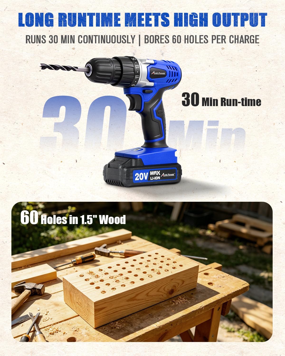 Detalle de AVID POWER ACD316-B 20V Cordless Drill Driver, 3/8-Inch Chuck, 22 Accessories