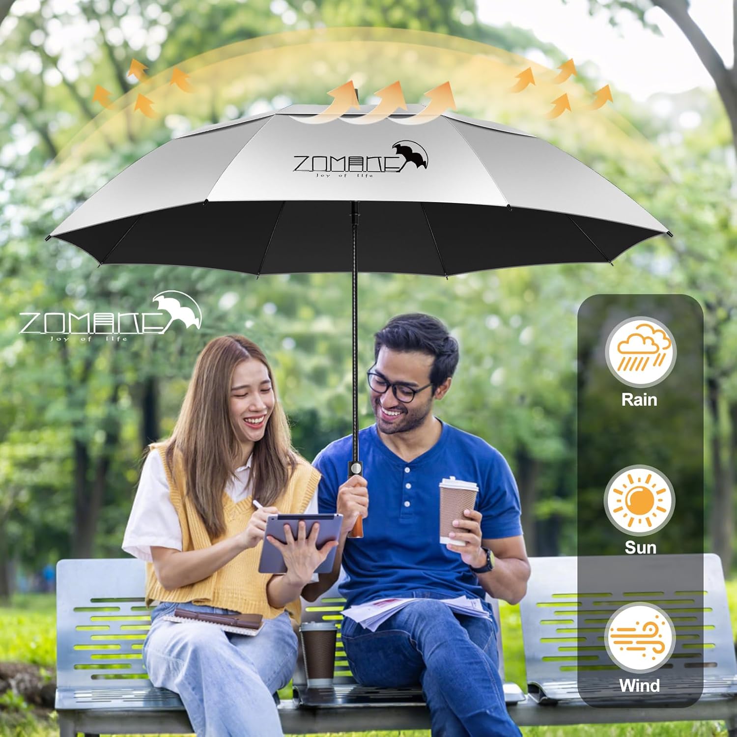 Thumbnail 3 de ZOMAKE Ombrelle Golf Anti-UV 62/68 Pouces – Grand Parapluie avec Double Canopée et Manche Bois Ondulé