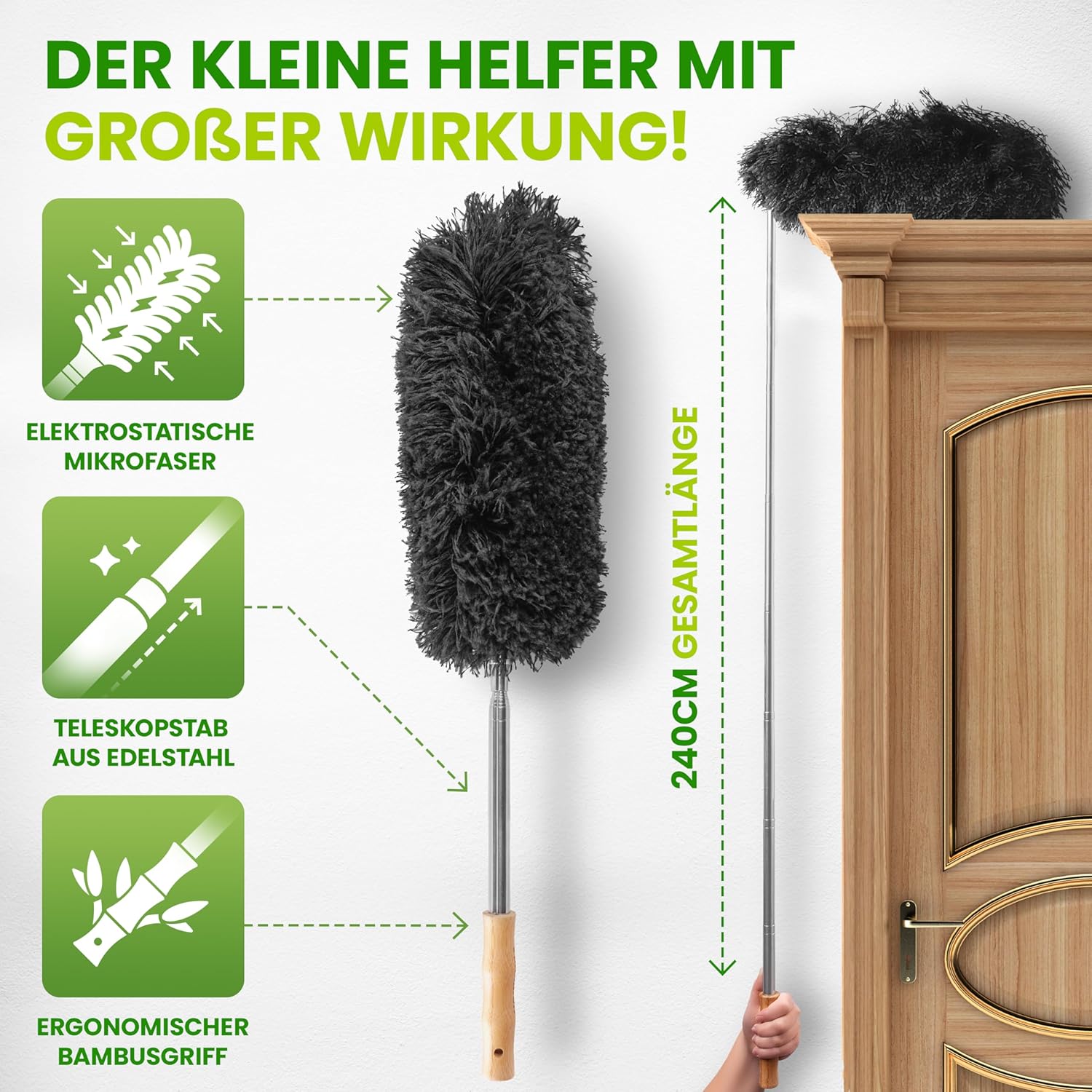 Thumbnail 1 de BAMBUA Staubwedel Teleskop (100% plastikfrei) mit Mikrofaser – Bambusgriff, bis 240 cm