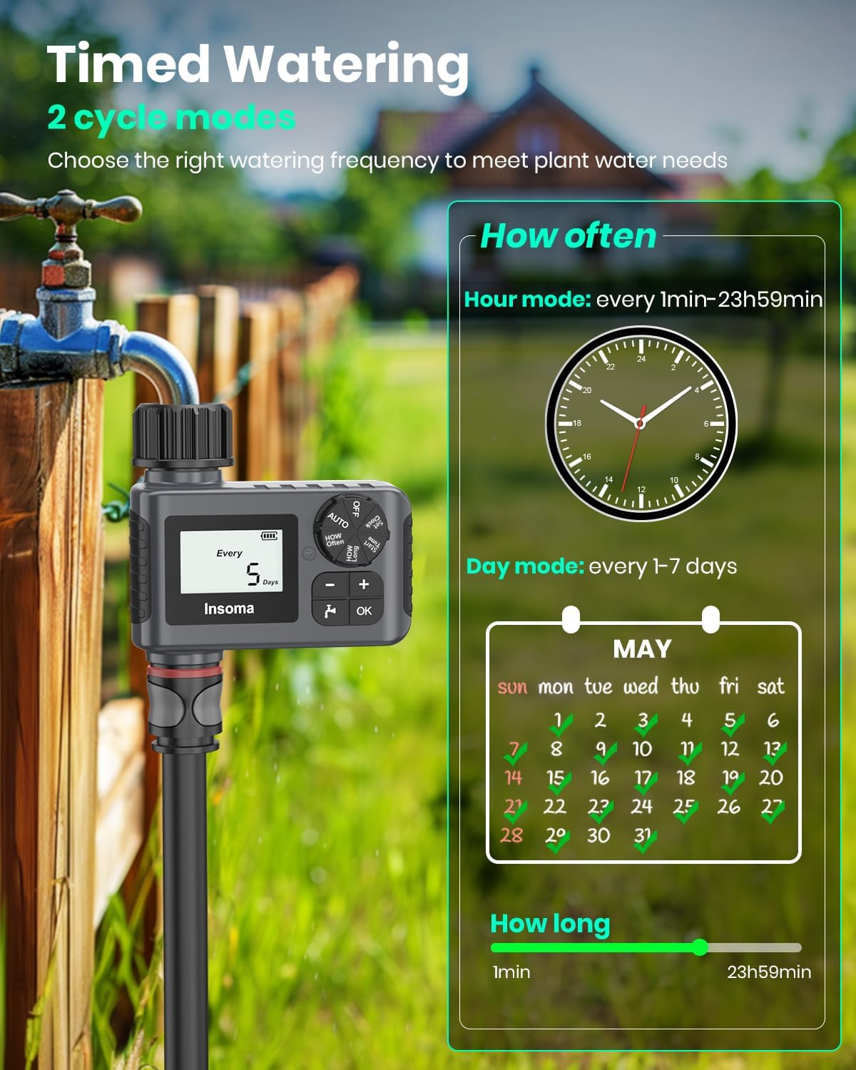 Detalle 2 de Insoma Outdoor Garden Hose Faucet Timer (Programmable) with Rain Delay, Manual & Automatic, 1 Outlet