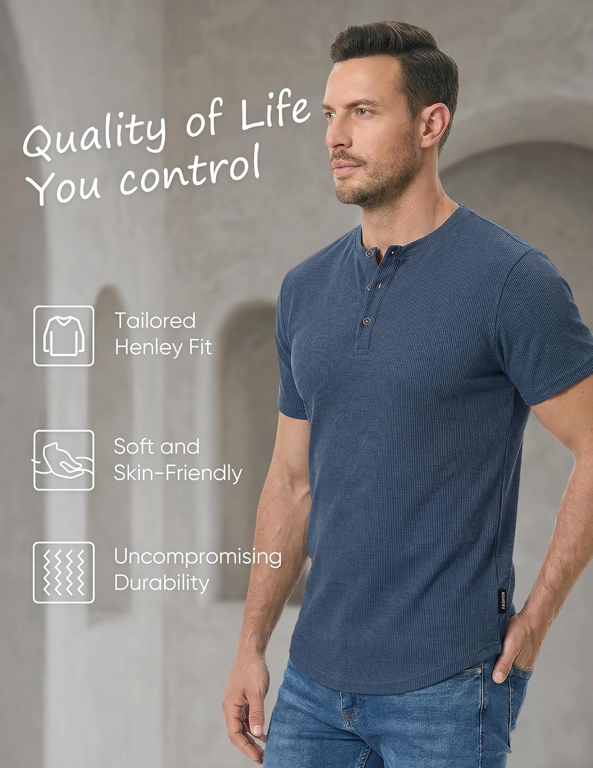 Detalle de JMIERR Men’s Muscle Slim Henley T-Shirt (Crewneck Longline) with Button Placket