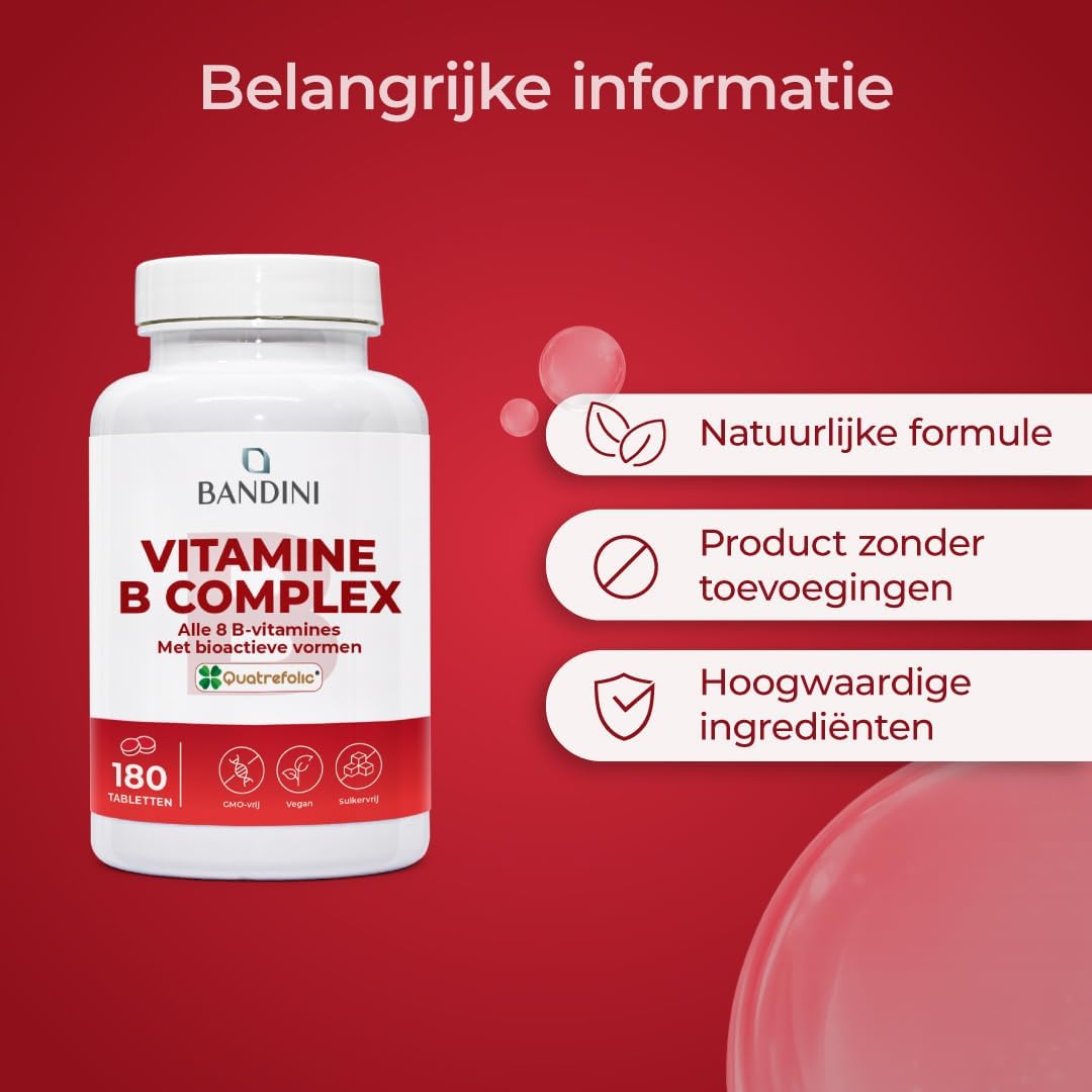 Detalle de BANDINI Vitamine B-complex, 180 veganistische tabletten met Quatrefolic®