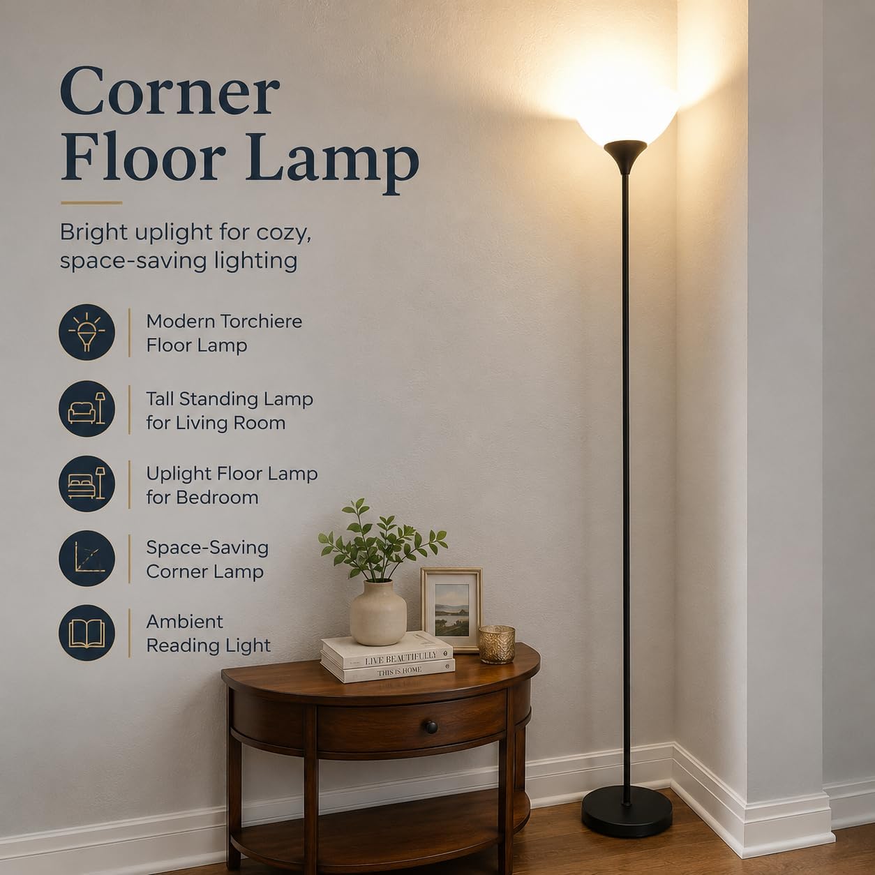 Detalle 2 de PESRAE Matte Black Torchiere Floor Lamp with Remote and Adjustable 9W LED