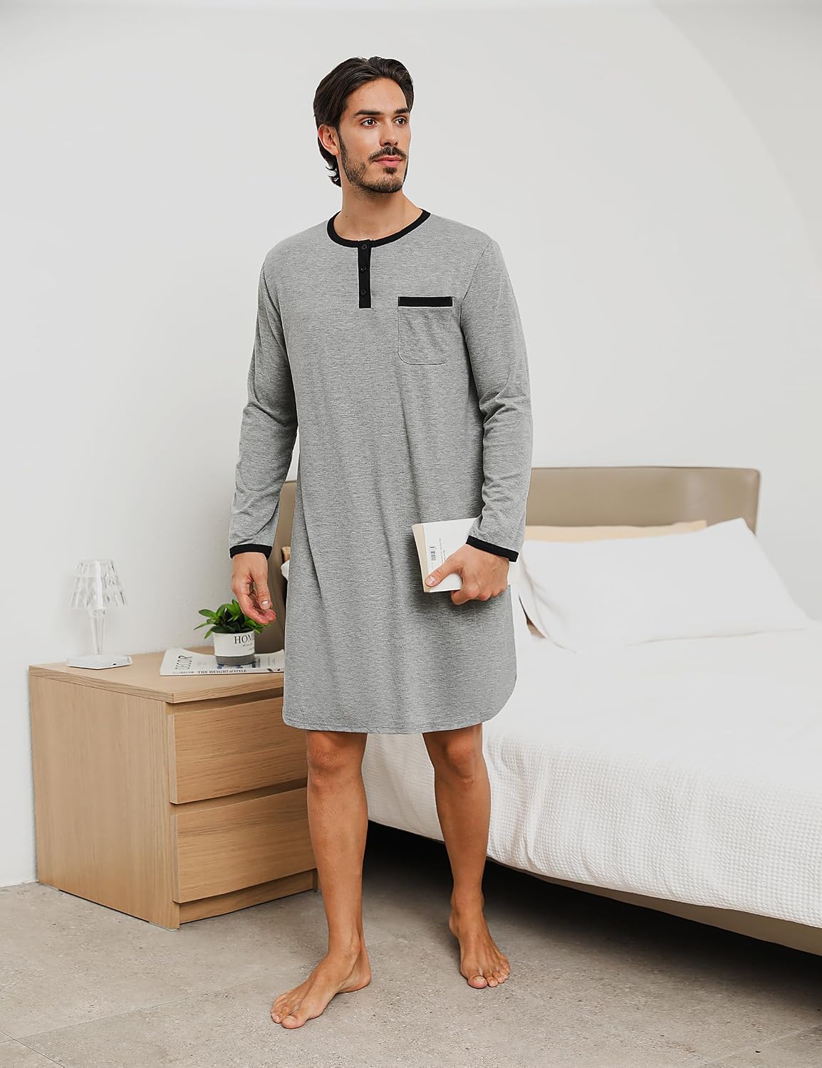 Detalle de Uniexcosm Chemise de Nuit pour Hommes – Hauts de Pyjama à Manches Longues et Col Rond