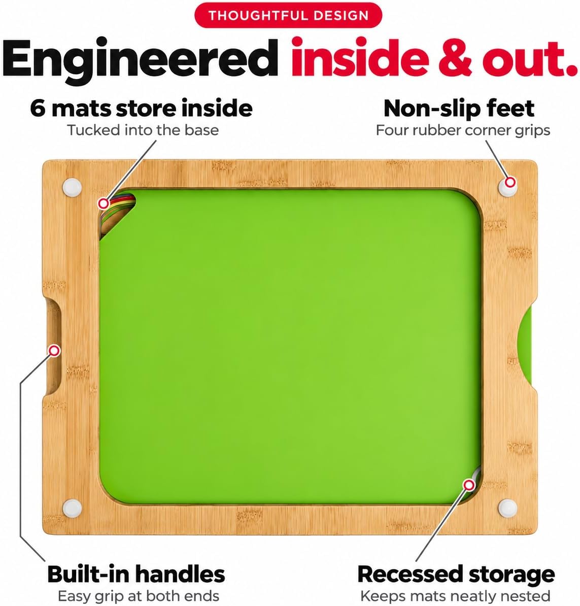 Thumbnail 6 de Cooler Kitchen Bamboo Cutting Board Set with 6 Color-Coded Flexible Mats, Holder, BPA-Free (Dishwasher Safe)