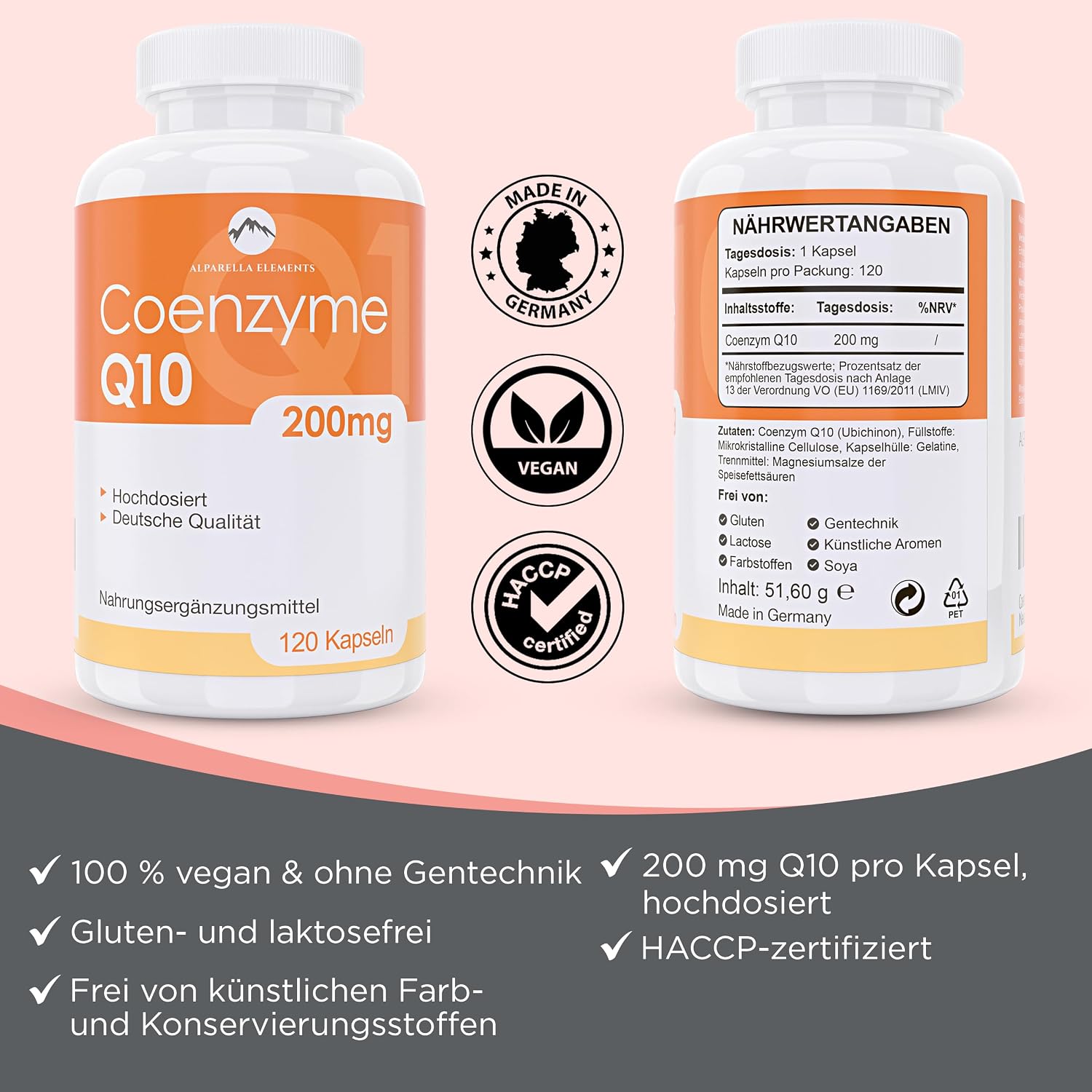 Detalle de Alparella Elements Coenzym Q10 Hochkonzentriert – 200 mg pro Kapsel, vegan, 120 Kapseln (4 Monatsvorrat)