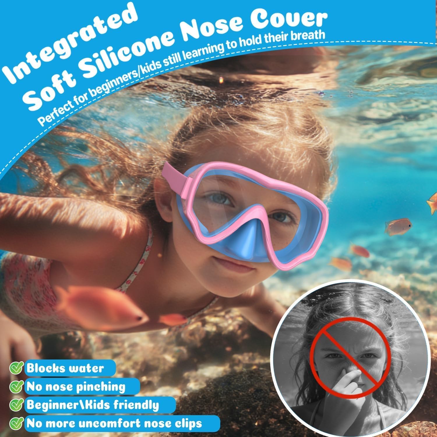 Detalle de COOLOO 2 Packs Kids Goggles with Nose Cover – 180° Wide View, Anti-Fog, No-Leak Swim Mask for Boys & Girls