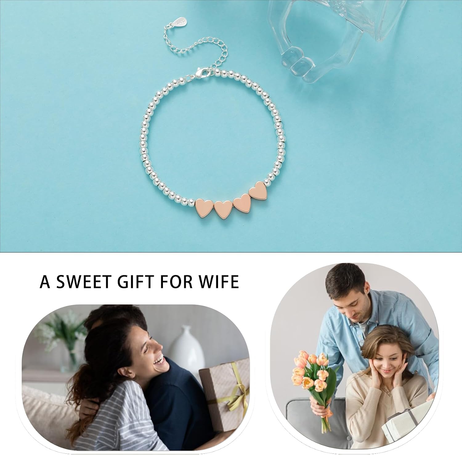 Thumbnail 4 de BMMYE 40th Birthday Silver Bead Bracelet with Rose Gold Hearts – Adjustable Sterling Silver Gift