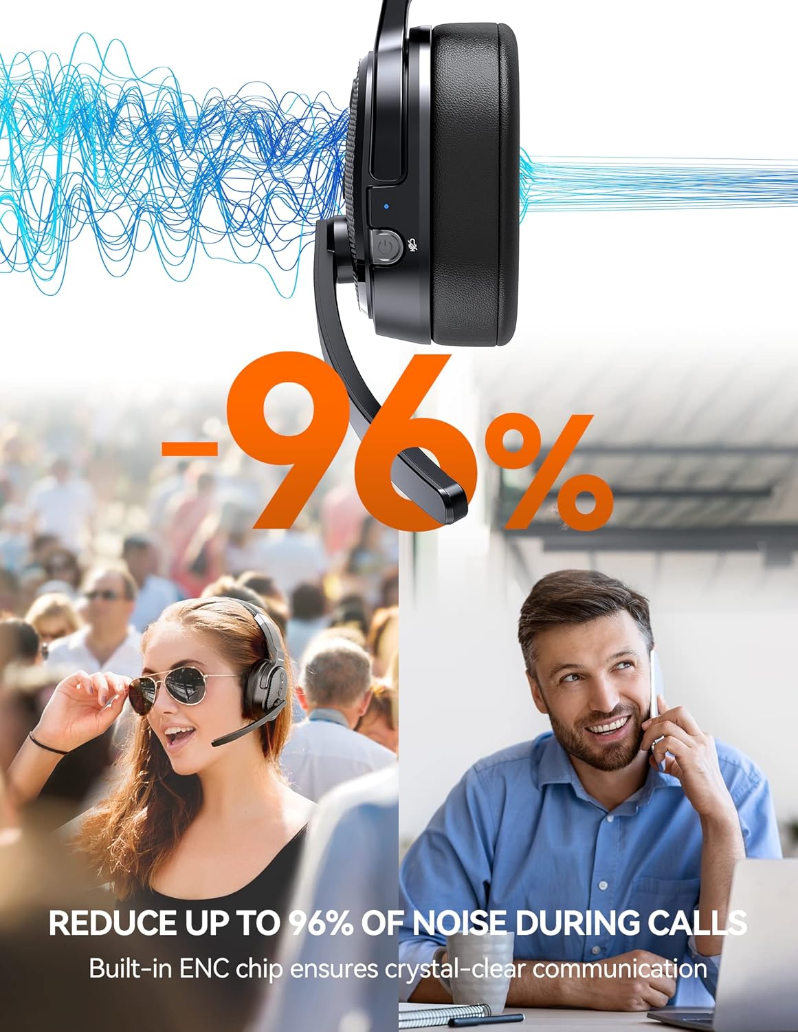 Detalle de TECKNET Bluetooth Headset with Microphone – 2-in-1 Wireless Headset for Office and Calls