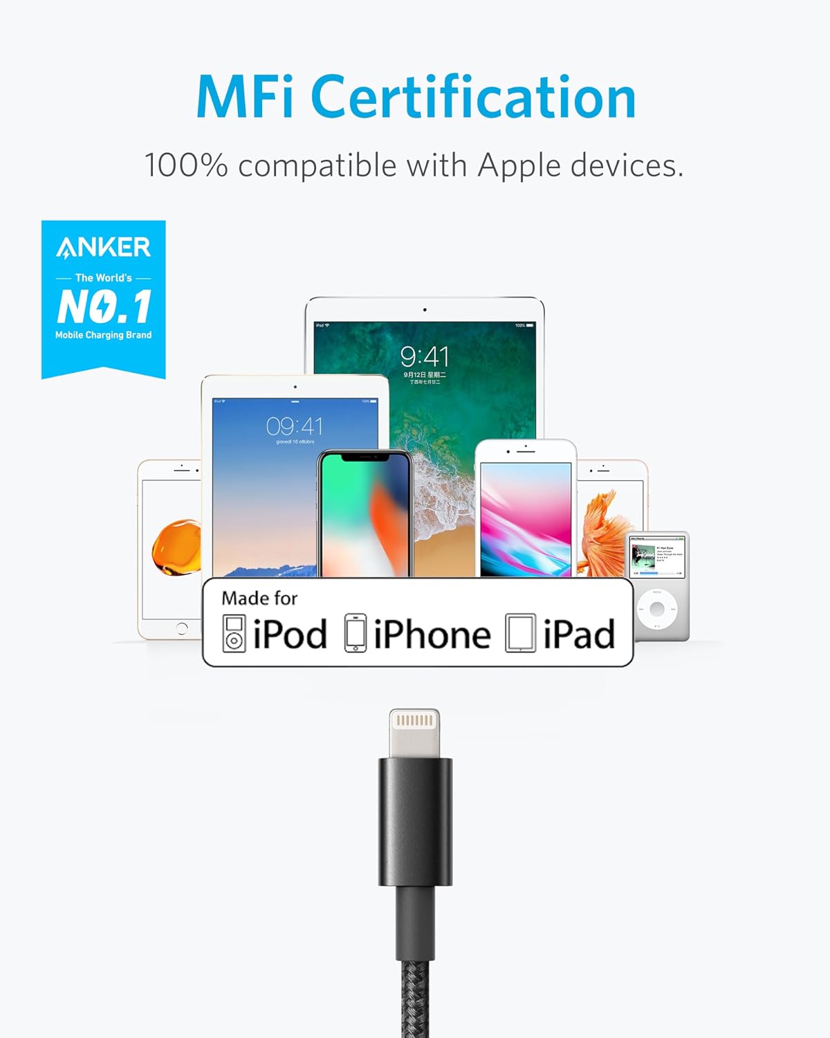 Detalle 2 de Anker cable iPhone nylon 3,3 ft MFi