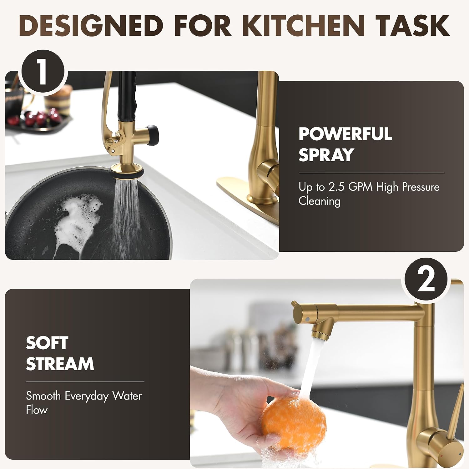 Detalle de GIMILI Brushed Gold Kitchen Faucet with Pull-Down Sprayer, Dual Spray Modes